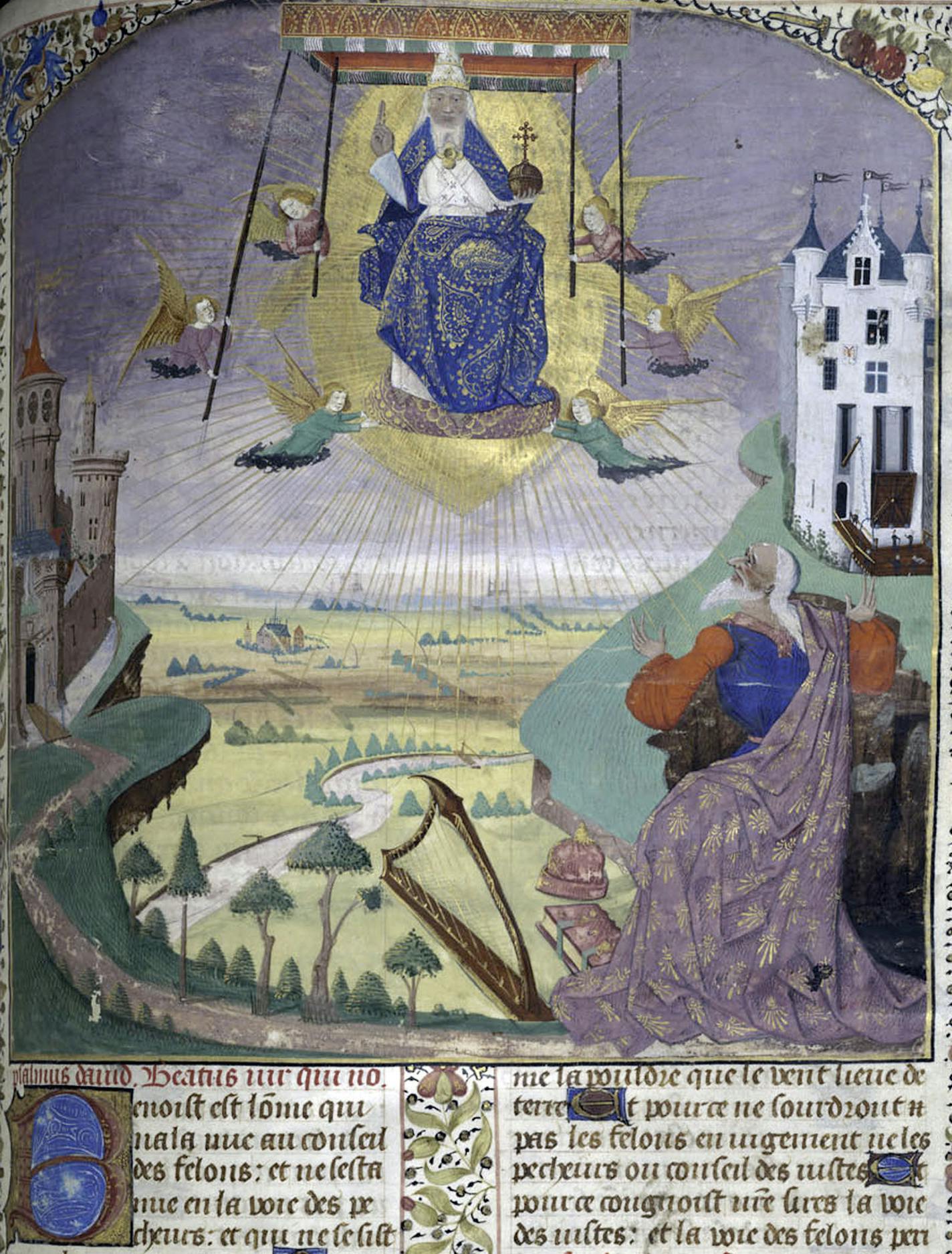 (NYT42) UNDATED -- Oct. 20, 2005 -- WORD-EXHIBIT -- "King David Praying to God," a page from a 14th-century Bible made in Paris by five different artists, part of &#x201c;The Splendor of the Word: Medieval and Renaissance Illuminated Manuscripts" currently on display at the New York Public Library. The New York Public Library is a great national resource. If it were a natural one, it would be forested with oil rigs and pocked with mines of gold and silver. Being a cultural resource, the library'