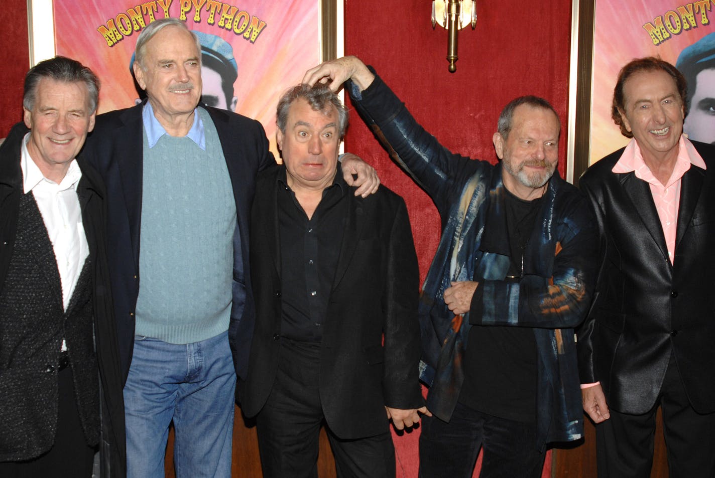 FILE - This is a Thursday, Oct. 15, 2009. file photo of from left, actors Michael Palin, John Cleese, Terry Jones, Terry Gilliam and Eric Idle attend the IFC and BAFTA premiere of "Monty Python: Almost The Truth (The Lawyers Cut)", in New York. Python member Terry Jones told the BBC on Tuesday Noiv. 19, 2013 that he's excited the group is reuniting. He said he hopes to make enough money to pay off his mortgage. The group had its first big success with the Monty Python's Flying Circus TV show, wh