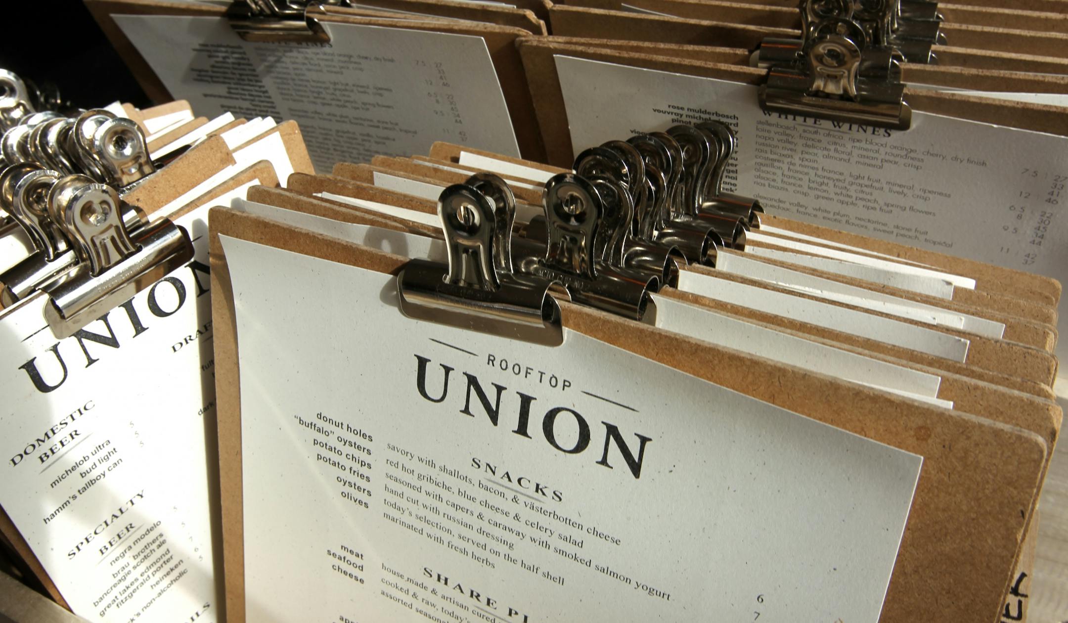 Clipboard menus. __ Shinders redone. The Rick Nelson Review of the Union Bar, downtown Minneapolis. The chef, Jim Christiansen