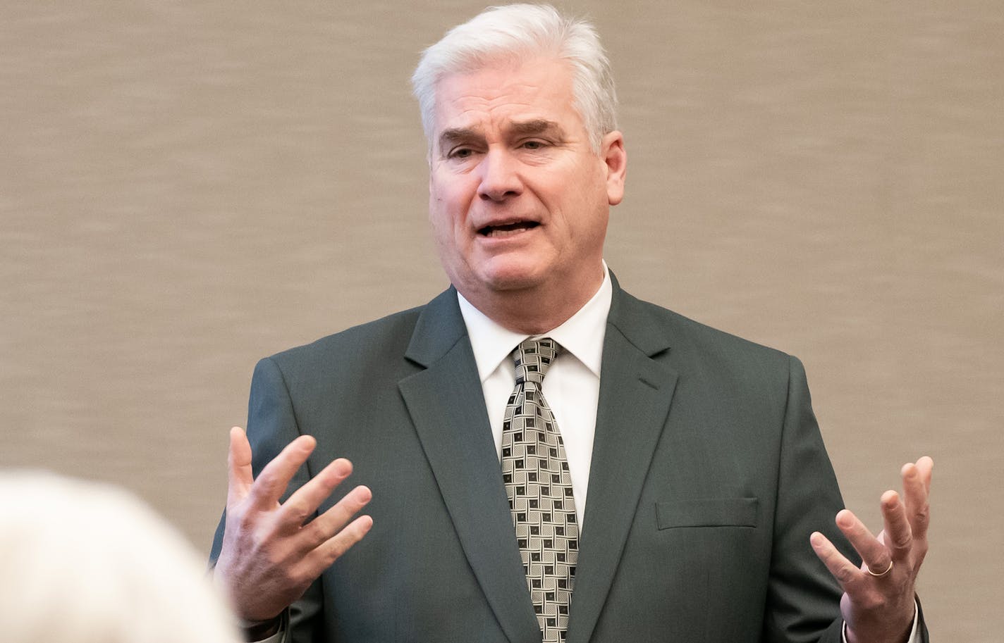 U.S. Rep. Tom Emmer held a town hall in Ramsey. ] GLEN STUBBE • glen.stubbe@startribune.com Tuesday, January 22, 2019 U.S. Rep. Tom Emmer is holding a town hall in Ramsey on Tuesday morning, where he will likely be confronted by residents frustrated with the government shutdown. Emmer, who is the National Republican Congressional Committee chairman, has voted against House Democrats' bills to reopen state agencies and blamed Democratic House Speaker Nancy Pelosi for the stalemate.