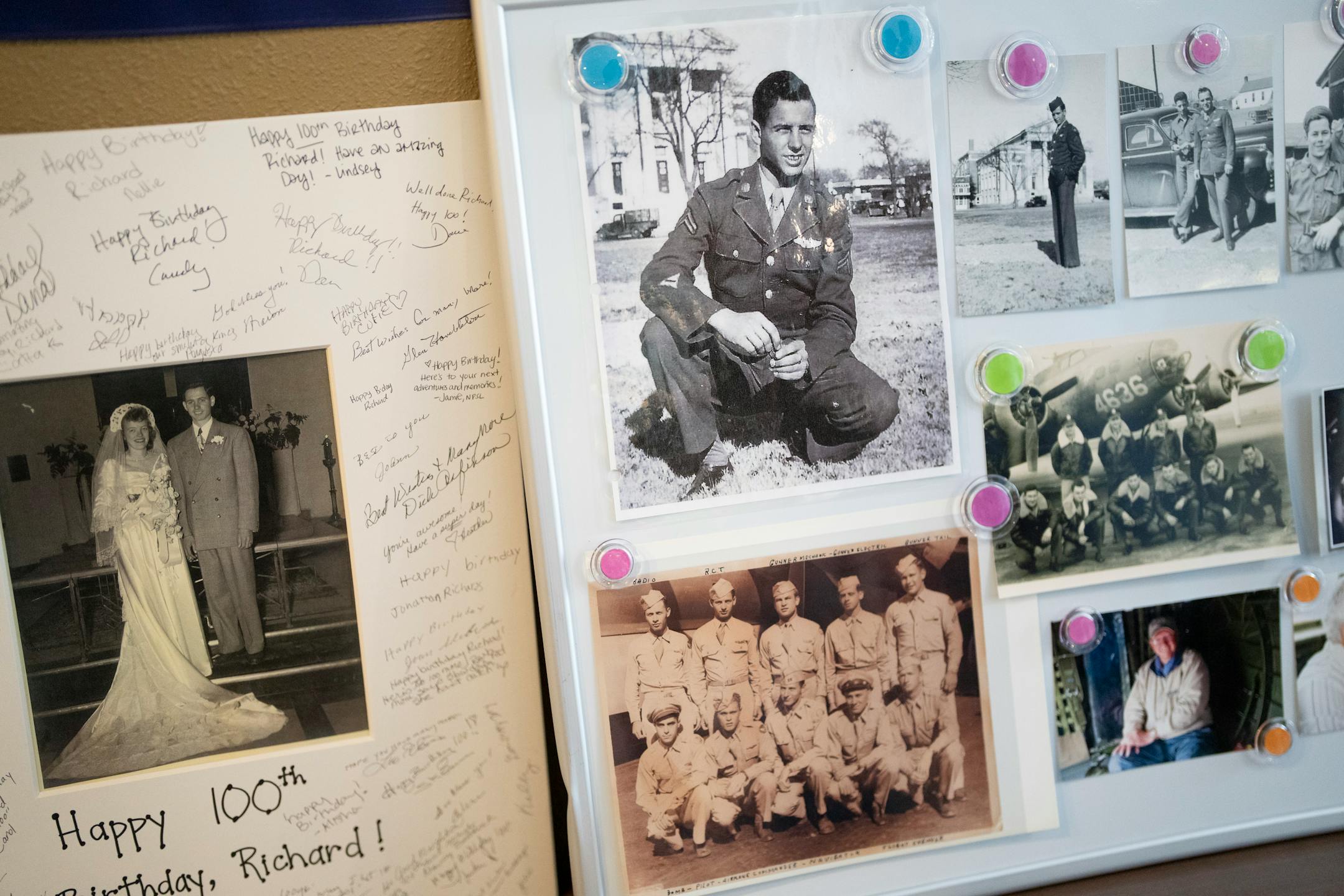 Pictures of Richard King were on display as he celebrated turning 100 with fellow residents and staff at his home New Perspective Woodbury senior facility in Woodbury, Minn., on Thursday, June 8, 2023.