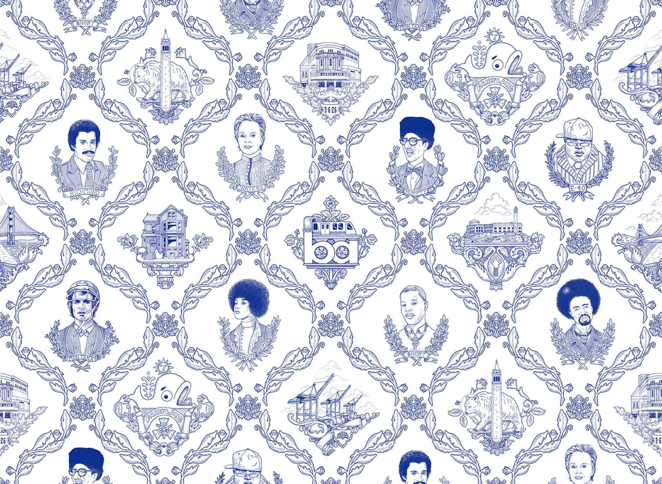 Artist Matt Richie and Jorma Taccone, the actor and member of The Lonely Island comedy troupe, are credited with the design of this Flavor Paper pattern that portrays Bay Area legends. As listed on the company web site, they include: rappers Too $hort Humpty Hump Mac Dre and E-40; Alice Waters of Chez Panisse fame; Joe Montana, the retired football quartback; Angela Davis, the author, academic and activist; and Dennis Richmond, the former television newscaster.Bay Area Toile. $200 per roll. Flav