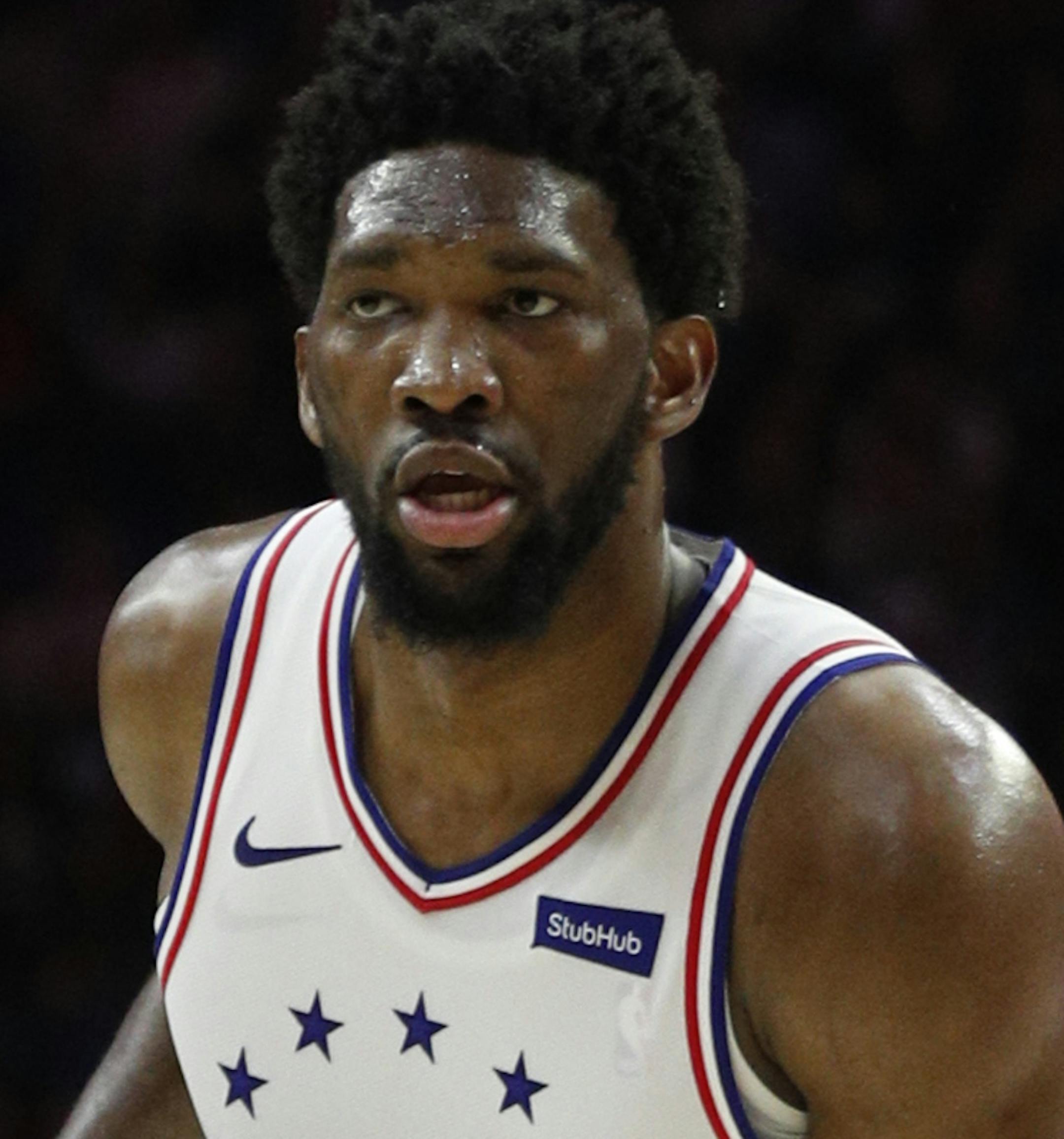 Philadelphia 76ers' Joel Embiid in action during the first half of Game 6 of a second-round NBA basketball playoff series against the Toronto Raptors, Thursday, May 9, 2019, in Philadelphia. 76ers won 112-101. (AP Photo/Chris Szagola)