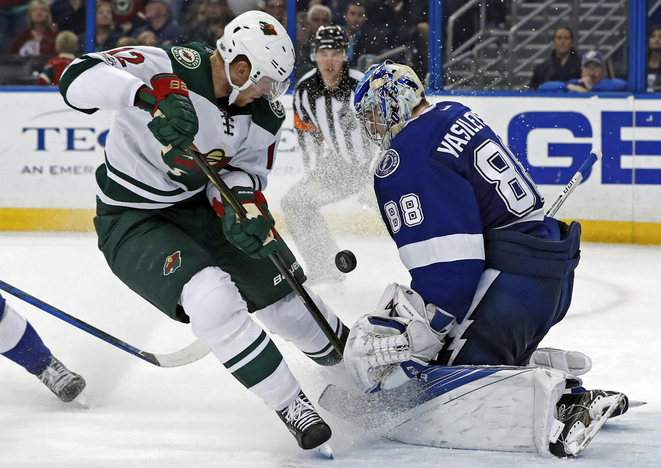Tampa Bay Lightning goalie Andrei Vasilevskiy, of Russia, makes a save against Minnesota Wild's Eric Staal during the third period of an NHL hockey game Thursday, March 9, 2017, in Tampa, Fla. The Lightning won 4-1. (AP Photo/Mike Carlson)