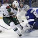 Tampa Bay Lightning goalie Andrei Vasilevskiy, of Russia, makes a save against Minnesota Wild's Eric Staal during the third period of an NHL hockey ga
