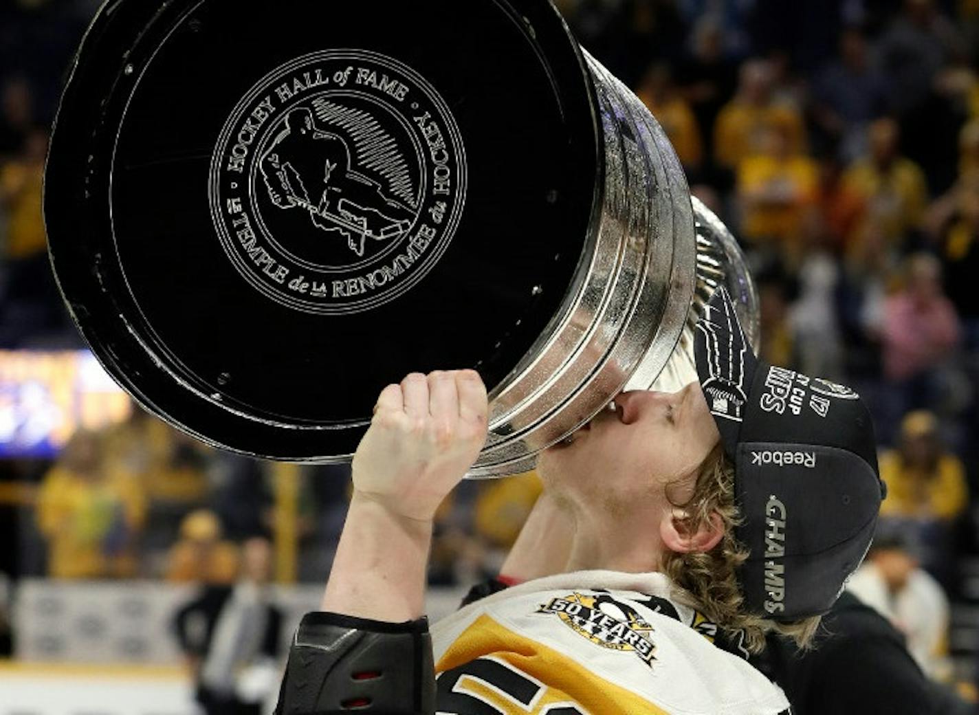 Jake Guentzel skated with the Stanley Cup soon after the Penguins won the NHL championship.