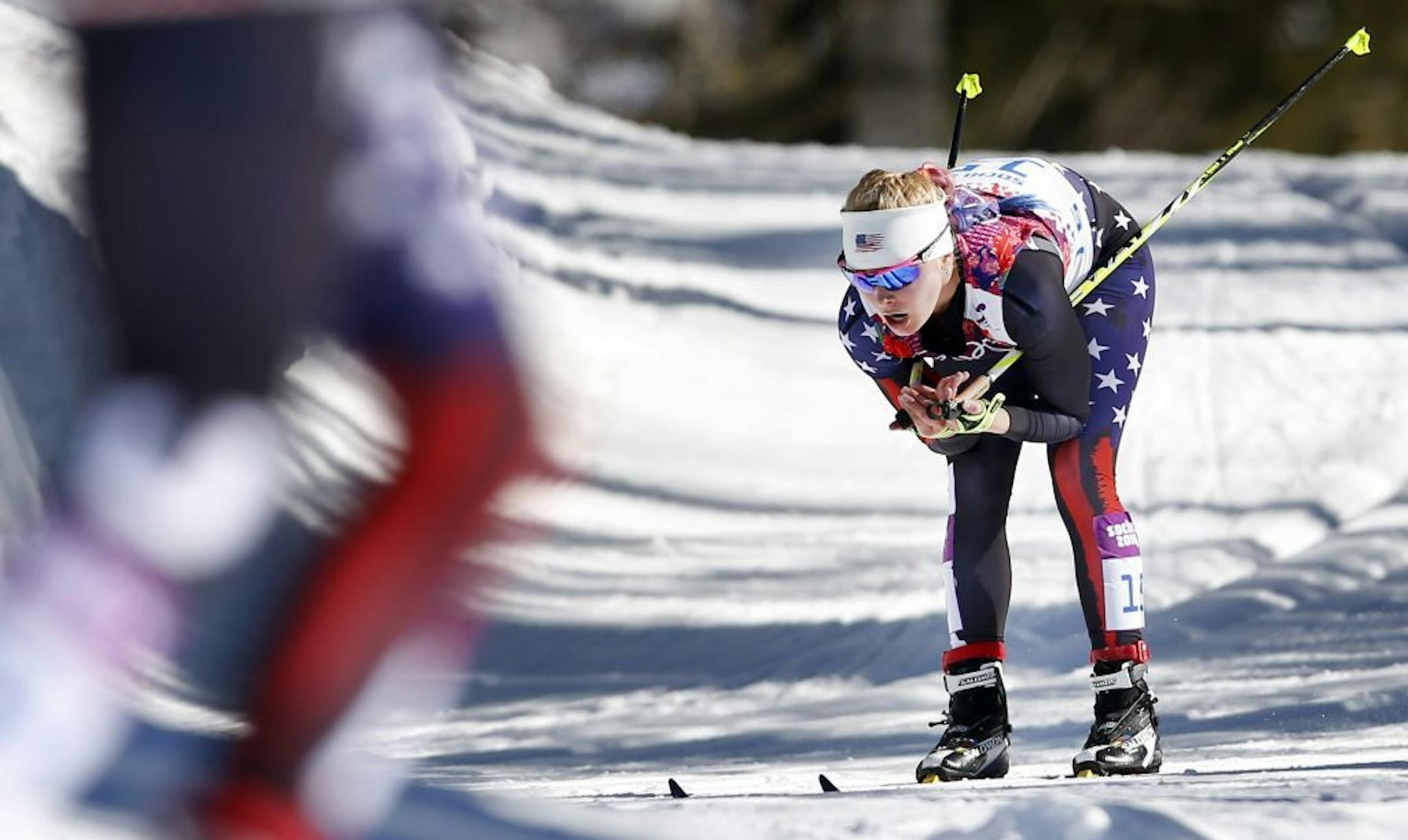 Jessie Diggins (Afton, Minn.) used a strong performance in the free portion of the women's skiathlon event to finish eighth in competition at the Laura Cross-Country Ski and Biathlon Center Saturday afternoon. Diggins found herself in 27th place after covering the classic portion of the course in 20:01.7, but improved to a 19:29.5 in the free portion for a final time of 1:31.9, 1:20.7 off the podium pace. The gold medal went to Marit Bjoergen of Norway in 38:33.6, while Sweden's Charlotte Kalla