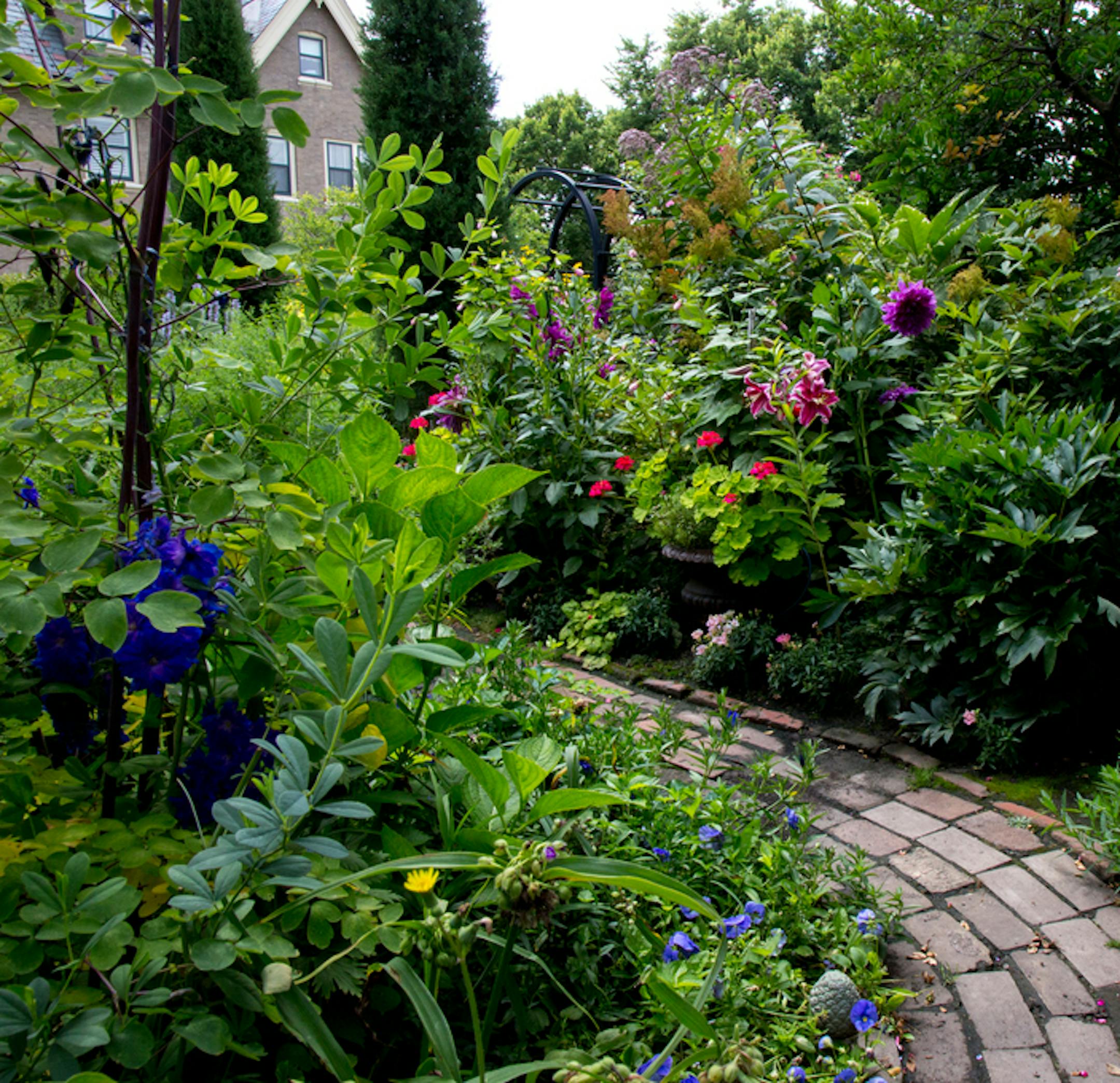 A discovered brick path by the carriage house cuts through the four square color garden at Shari WilseyÕs St. Paul home. ] COURTNEY PEDROZA ¥ courtney.pedroza@startribune.com; Shari Wilsey gardenÕs at her home on St. Paul's historic Summit Avenue; 08/01/2017; St. Paul;