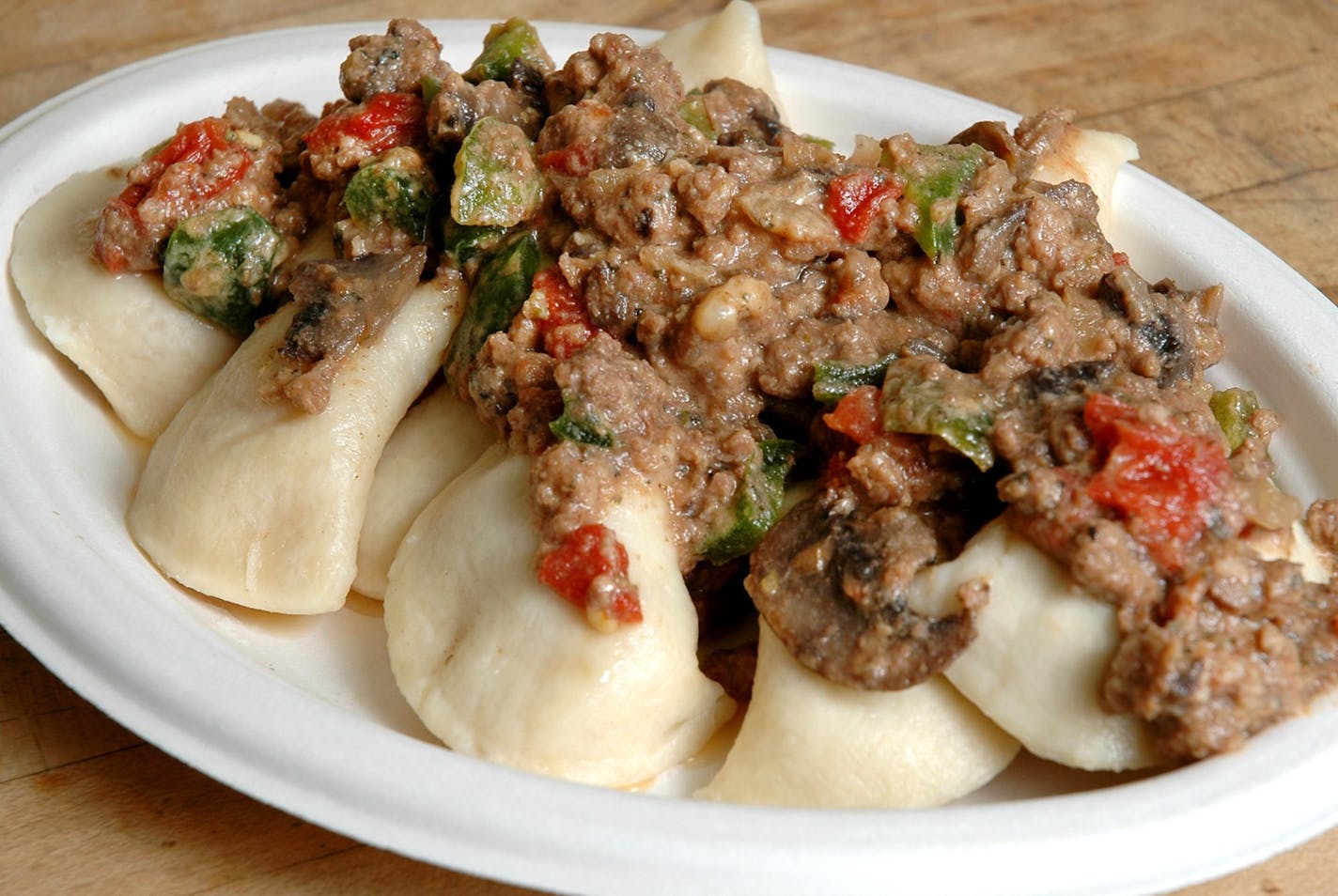 Beef stroganoff over potato vareniki from the Russian Tea House in St. Paul