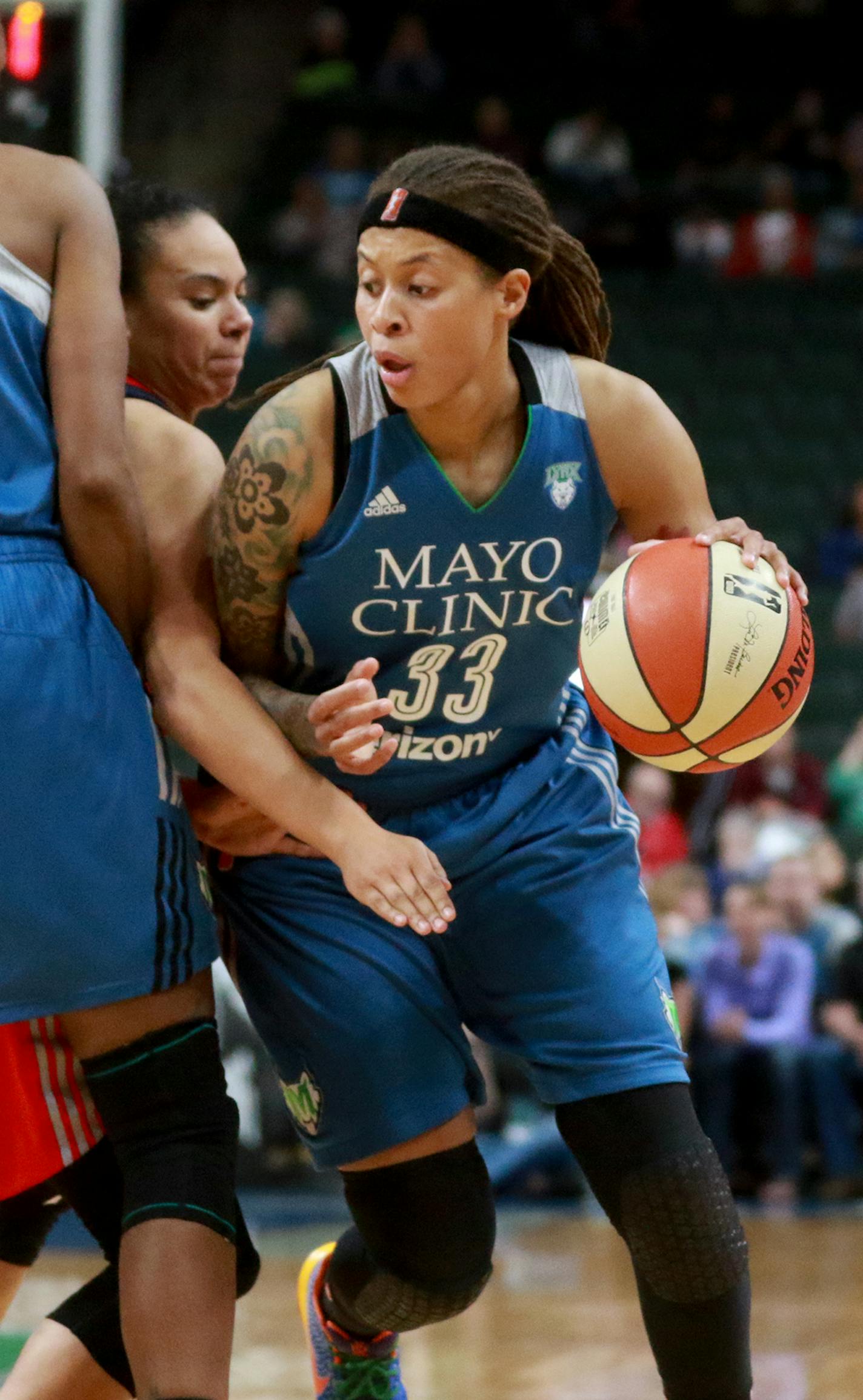 The Minnesota Lynx Rebekkah Brunson (32) sets a pick for Seimone Augustus (33) against he Washington Mystic's Kristin Toliver, center during the second quarter Friday, June 22, 2017, at the Xcel Energy Center in St. Paul, MN.] DAVID JOLES &#xef; david.joles@startribune.com Washington Mystics at Minnesota Lynx Friday, June 22, 2017, at the Xcel Energy Center in St. Paul, MN. ORG XMIT: MIN1706232017490498