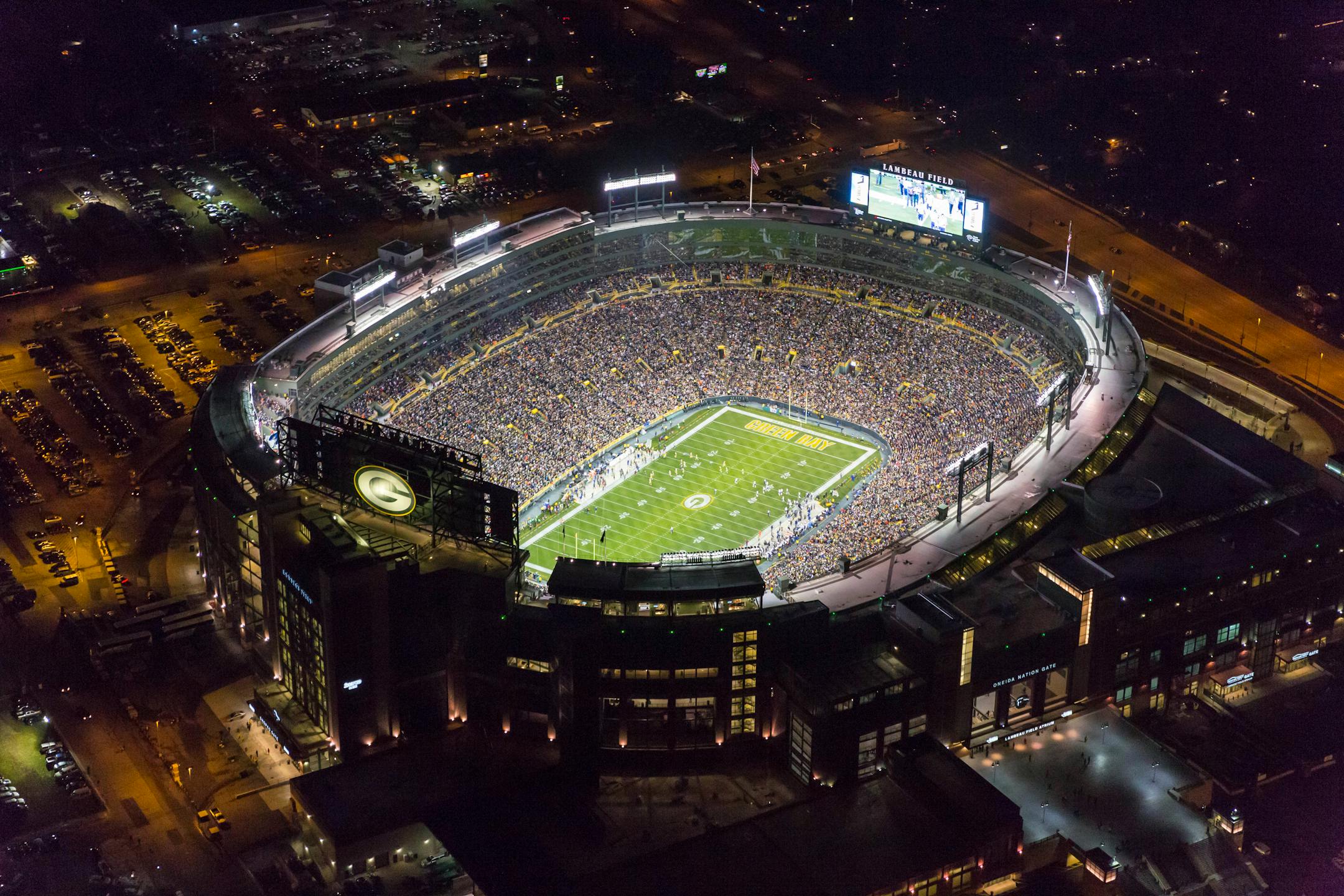 Lambeau Field at night before the Green Bay Packers played the Chicago Bears in an NFL football game November 9, 2014.