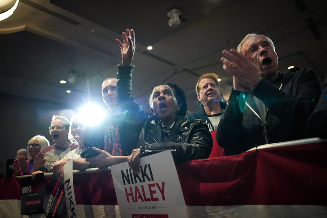 The crowd cheered for Nikki Haley at the Doubletree Hotel in  Bloomington on Monday.