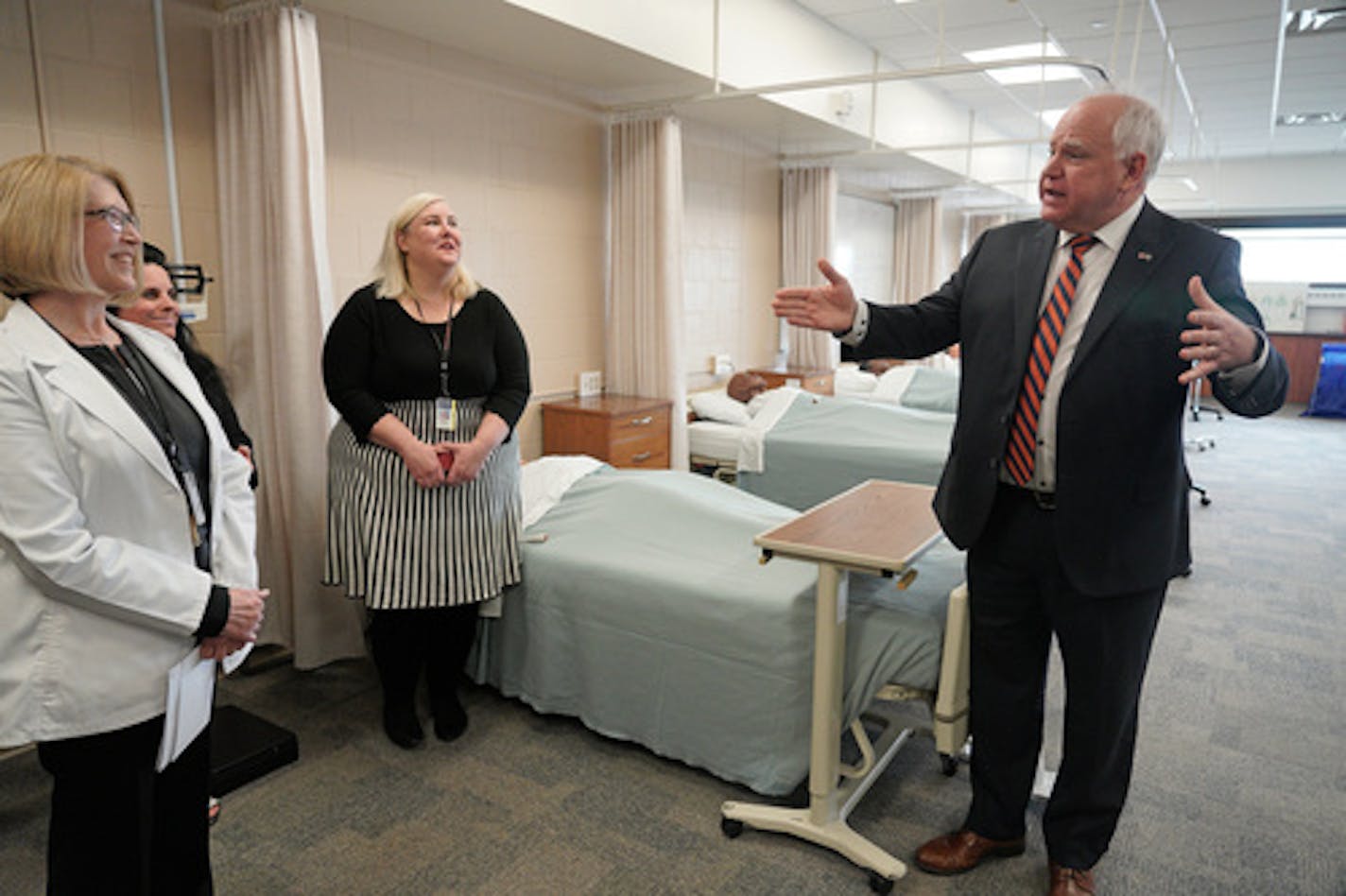 In March, Gov. Tim Walz toured the nursing program facilities at St. Paul College Tuesday, March 29, 2022 in St. Paul, Minn. Gov. Tim Walz held a news conference at St. Paul College announcing Minnesota has surpassed its goal of recruiting 1,000 new certified nursing assistants. ] Brian Peterson ¥ brian.peterson@startribune.com