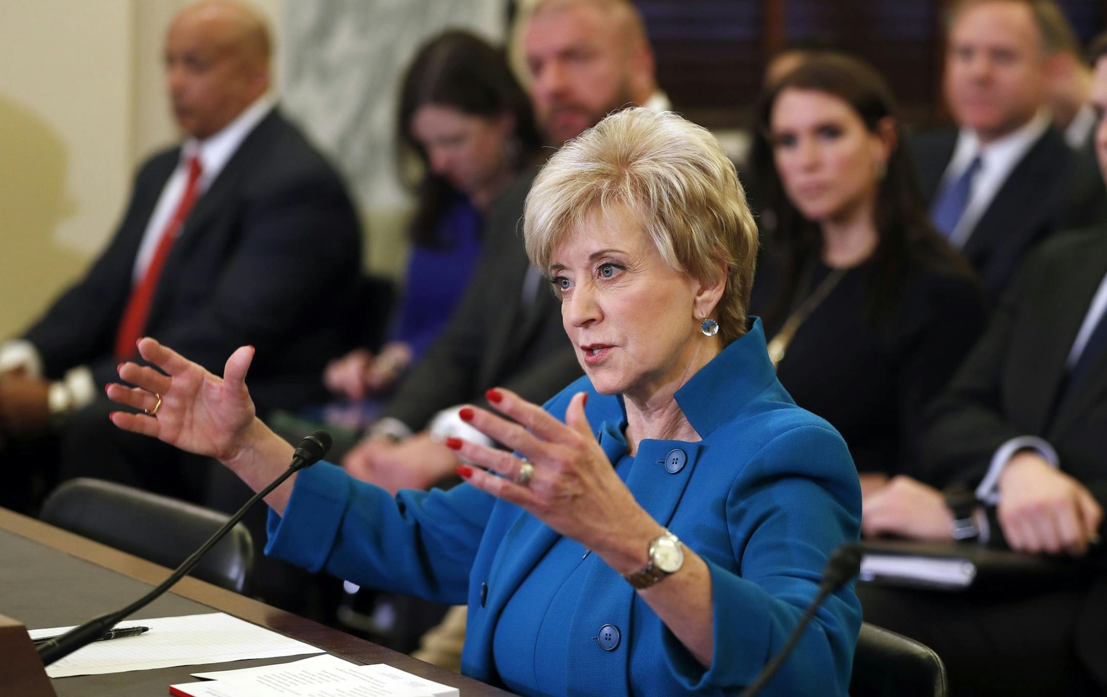 FILE - In this Tuesday, Jan. 24, 2017, file photo, Small Business Administration Administrator-designate, former wrestling entertainment executive, Linda McMahon testifies on Capitol Hill in Washington, at her confirmation hearing before the Senate Small Business and Entrepreneurship Committee. Six months into her tenure as head of the SBA, McMahon sees the split among small business owners: they are increasingly optimistic, but many are held back by their inability to get loans or find the righ