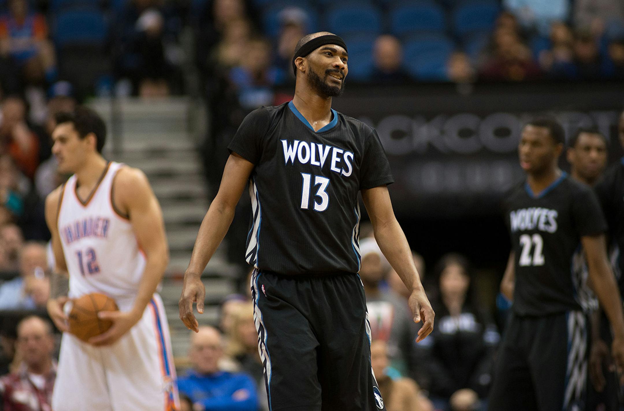Minnesota Timberwolves guard Corey Brewer (13) reacts after being called for a personal foul against Oklahoma City during the first half. ] AARON LAVINSKY • aaron.lavinsky@startribune.com The Minnesota Timberwolves take on the Oklahoma City Thunder Friday, Dec. 12, 2014 at Target Center in Minneapolis, Minn.