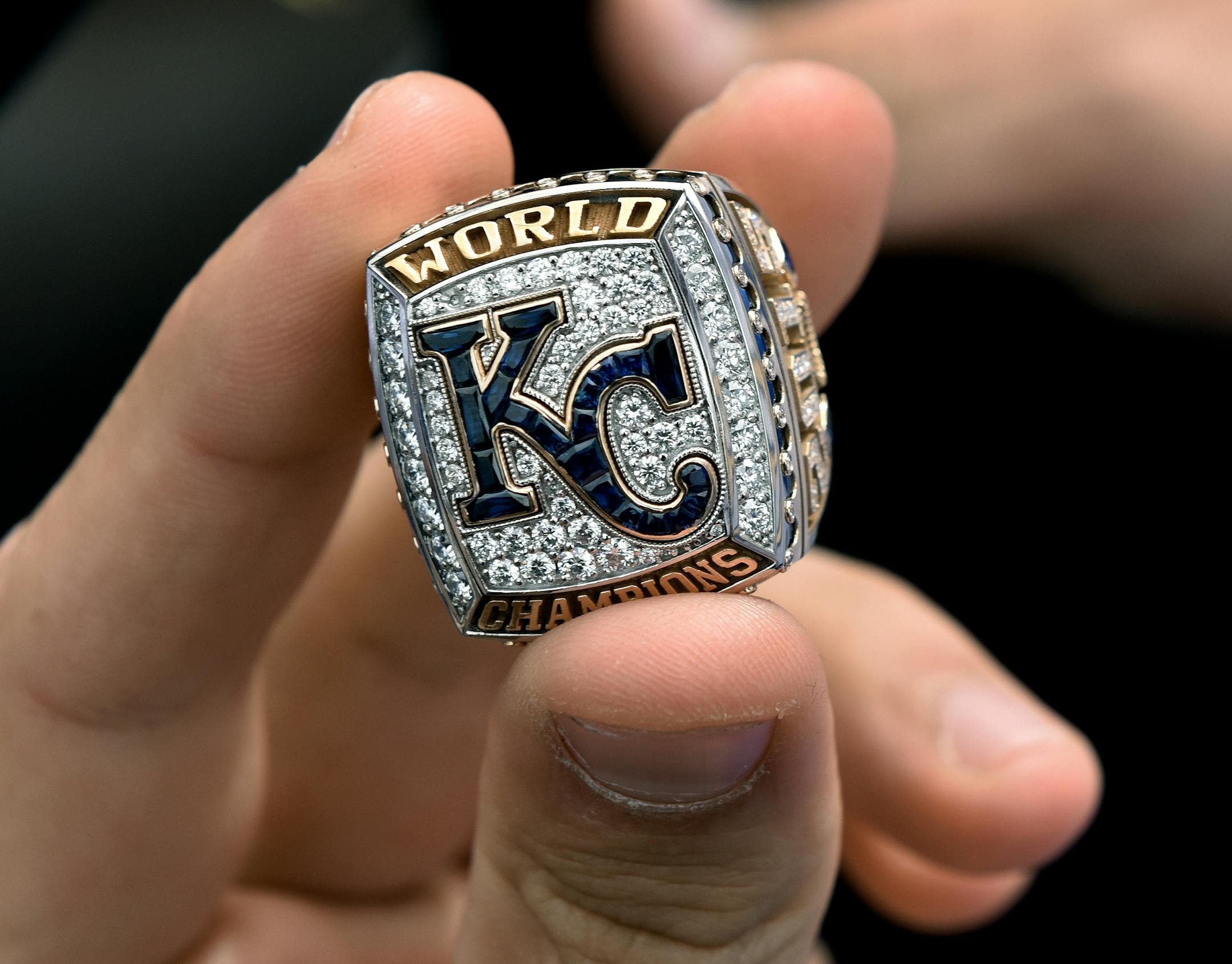 Kansas City Royals' Eric Hosmer displays his 2015 World Series ring after receiving it on Tuesday, April 5, 2016, at Kauffman Stadium in Kansas City, Mo. (John Sleezer/Kansas City Star/TNS) ORG XMIT: 1182921