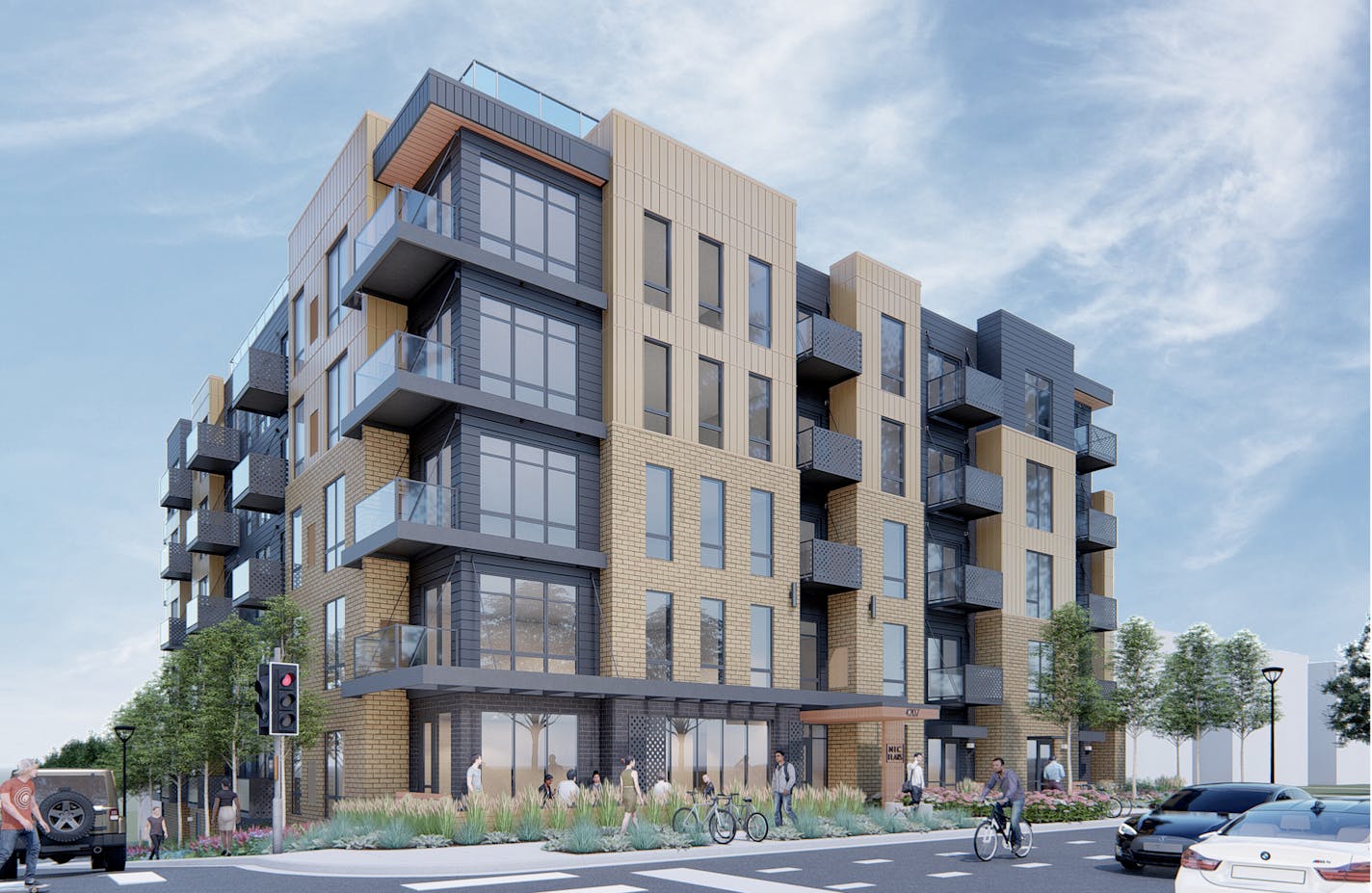 Developers have pitched plans for two apartment buildings along Nicollet Avenue in South Minneapolis, including a five-story building that would replace Curran's restaurant at 4207 Nicollet.Rendering: Tushie Montgomery Architects.