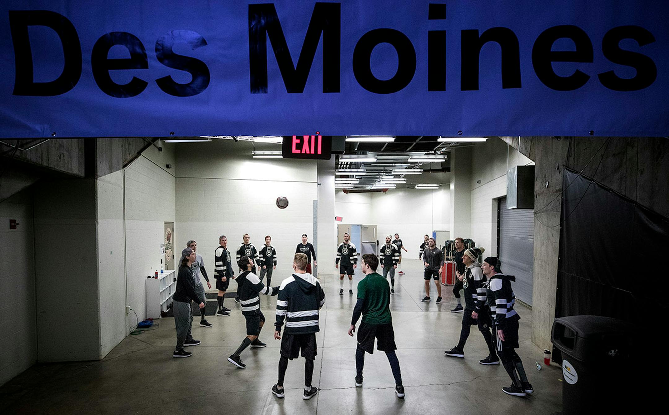 Iowa Wild players warmed up before a game at Wells Fargo Arena in Des Moines, Iowa.