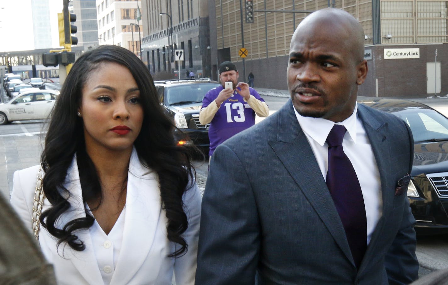 Adrian Peterson and his wife Ashley were greeted by fans and the media outside the Federal Court House in Minneapolis Friday afternoon. ] Adrian Peterson and his wife, Ashley, were present in the packed courtroom at U.S. District Court in downtown Minneapolis for the hearing, which lasted just over an hour. The hearing marked the first time attorneys for the NFL and the NFL Players Association (NFLPA), which is suing on behalf of Peterson, made their case in person to U.S. District Judge David D