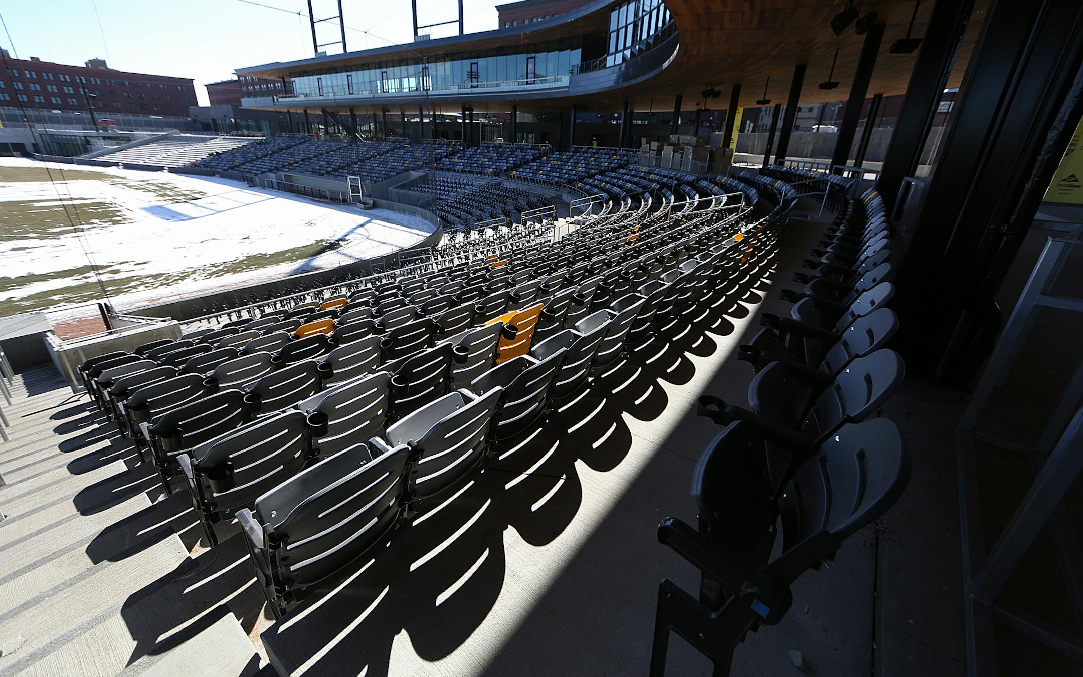 CHS Field will open in the spring, with a seating capacity of about 7,000. ] JIM GEHRZ ï james.gehrz@startribune.com / St. Paul, MN / February 27, 2015 /12:00 AM ñ BACKGROUND INFORMATION: Mike Veeck, owner of the St. Paul Saints, is giving us a tour of the nearly finished CHS Field, the new downtown St. Paul ballpark the Saints will soon call home.