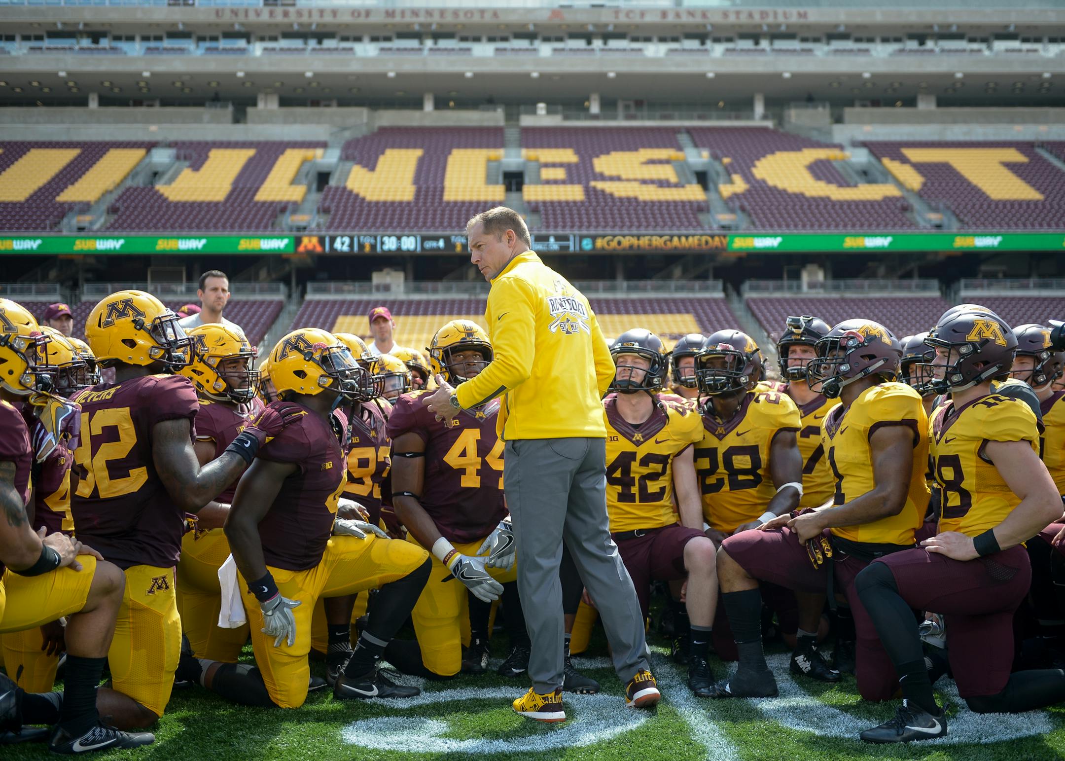 Gophers head coach P.J. Fleck addressed his team after Saturday's spring game. ] AARON LAVINSKY ï aaron.lavinsky@startribune.com The University of Minnesota Golden Gophers football team played their annual spring game on Saturday, April 17, 2017 at TCF Bank Stadium in Minneapolis, Minn.