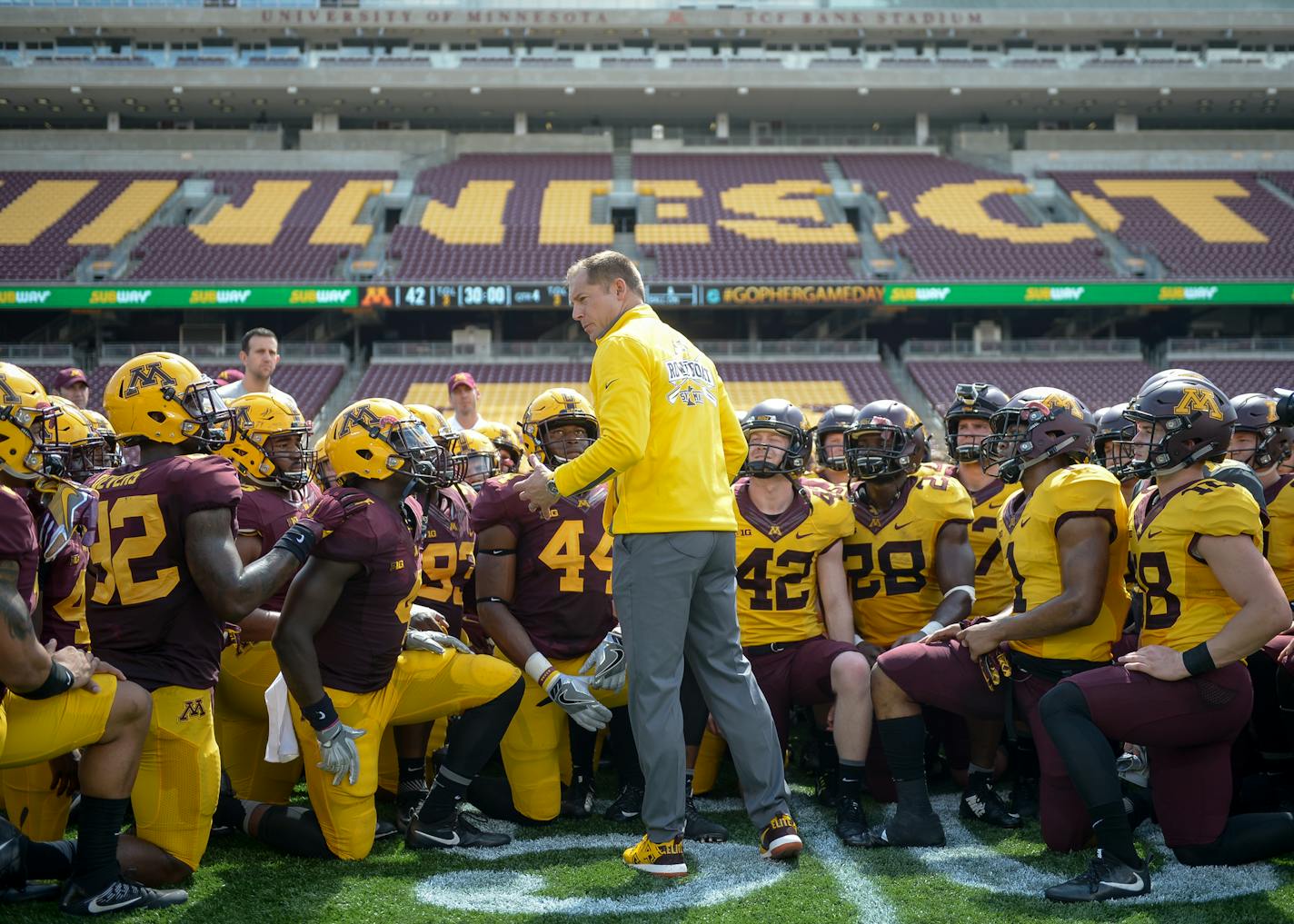 Gophers head coach P.J. Fleck addressed his team after Saturday's spring game. ] AARON LAVINSKY &#xef; aaron.lavinsky@startribune.com The University of Minnesota Golden Gophers football team played their annual spring game on Saturday, April 17, 2017 at TCF Bank Stadium in Minneapolis, Minn.