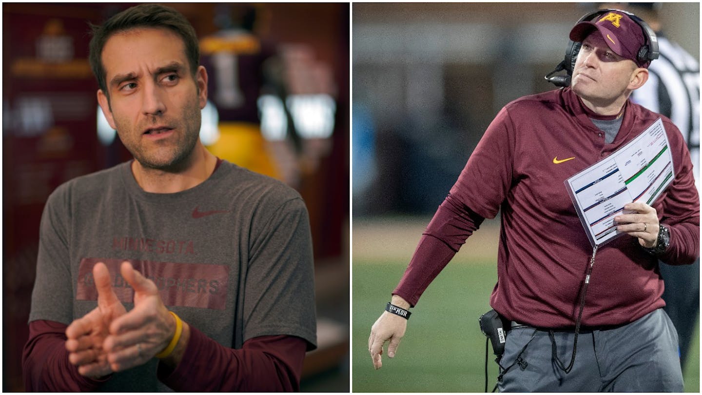 Gophers defensive coordinator Joe Rossi, left, replaced Robb Smith during the season.