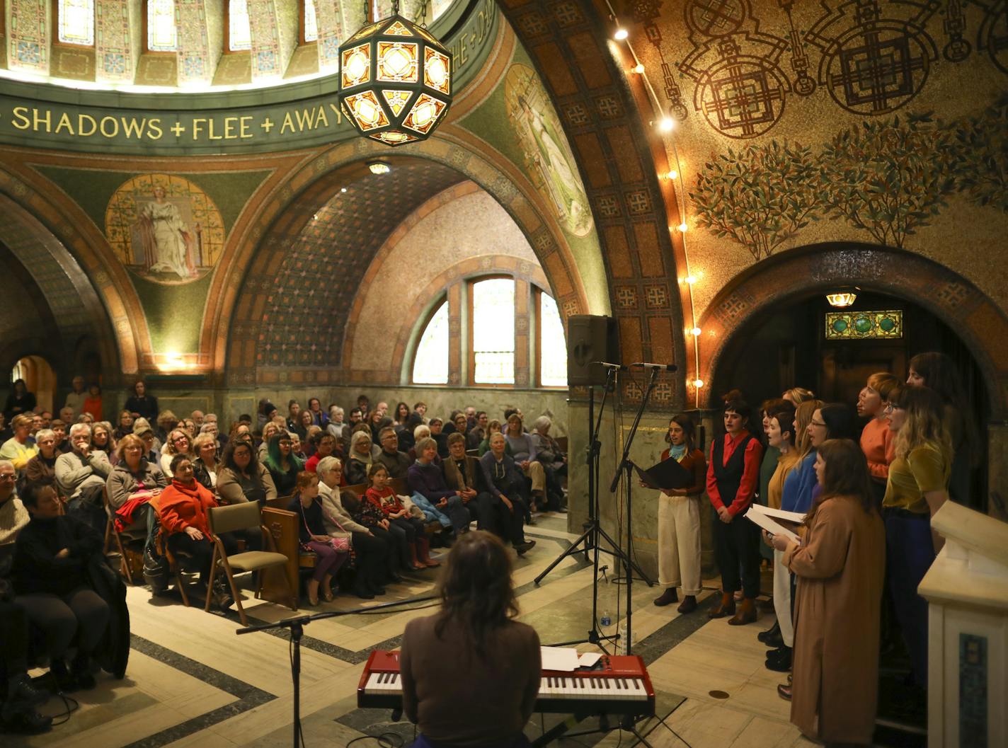 Nona Marie Invie, on piano in the foreground, with Anonymous Choir, during their performance in the Lakewood Memorial Chapel Sunday afternoon. ] JEFF WHEELER &#xef; jeff.wheeler@startribune.com Lakewood Cemetery kicked off a concert series in their historic Memorial Chapel Sunday afternoon, April 8, 2018. A capacity crowd of 161 people heard Anonymous Choir, led by Nona Marie Invie, as they performed an hour long set of reimagined songs by Kate Bush, Neil Young, Leonard Cohen and others in the c