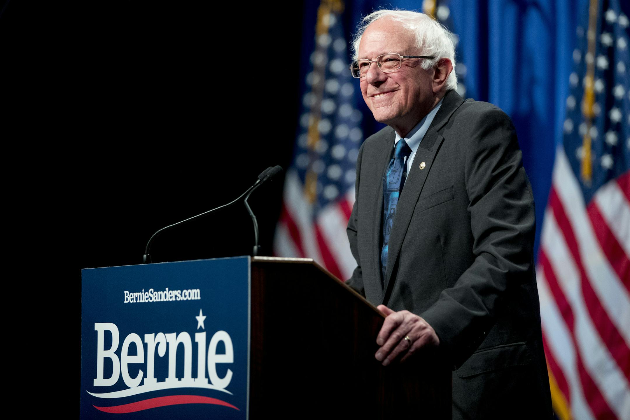 Democratic presidential candidate Sen. Bernie Sanders, I-Vt., arrives to speak at George Washington University in Washington, Wednesday, June 12, 2019, on his policy of democratic socialism, the economic philosophy that has guided his political career. (AP Photo/Andrew Harnik)