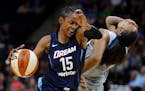 Tiffany Hayes(15) gets a technical for an elbow and Rebekkah Brunson(32) got called for a foul. ] The Minnesota Lynx take on the Atlanta Dream at Targ