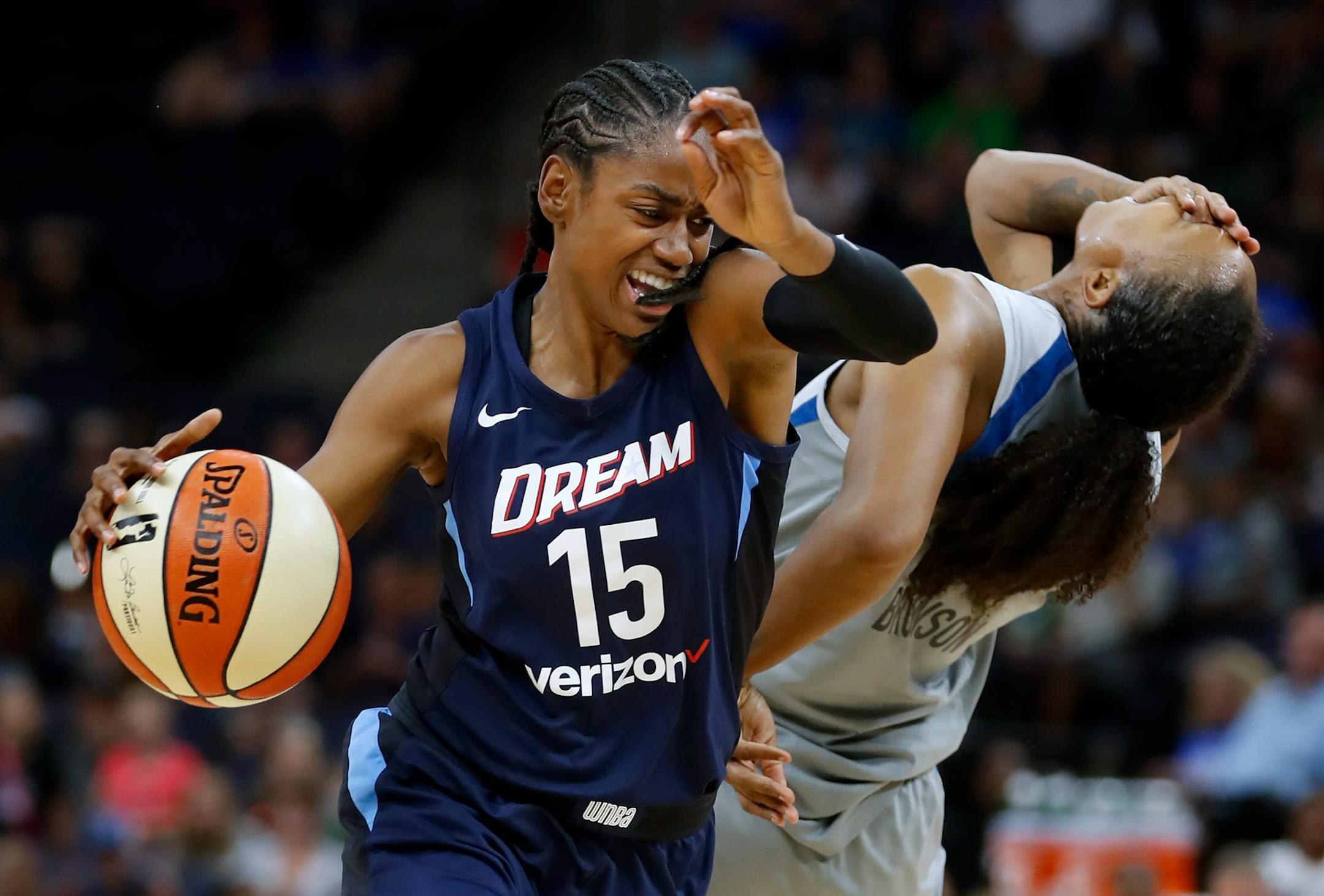 Tiffany Hayes(15) gets a technical for an elbow and Rebekkah Brunson(32) got called for a foul. ] The Minnesota Lynx take on the Atlanta Dream at Target Center on 8/5/18.Richard Tsong-Taatariiïrtsongtaatarii@startribune.com