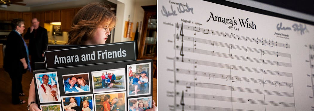 Amara Strande's sister Nora, at left, carries a collection of photo boards that were displayed at Amara’s funeral. At right, sheet music for “Amara’s Wish” hangs in the Strande family home. Amara’s wish for Make-A-Wish was to build a World of Warcraft puzzle and compose the music for it.