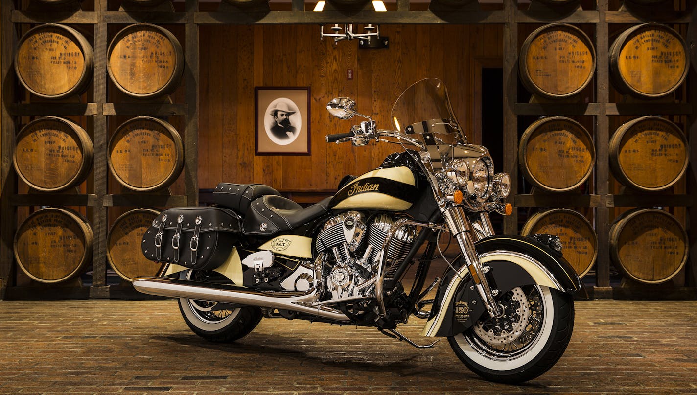 The collaboration includes a limited-edition Indian motorcycle with Jack Daniels labeling and color scheme.