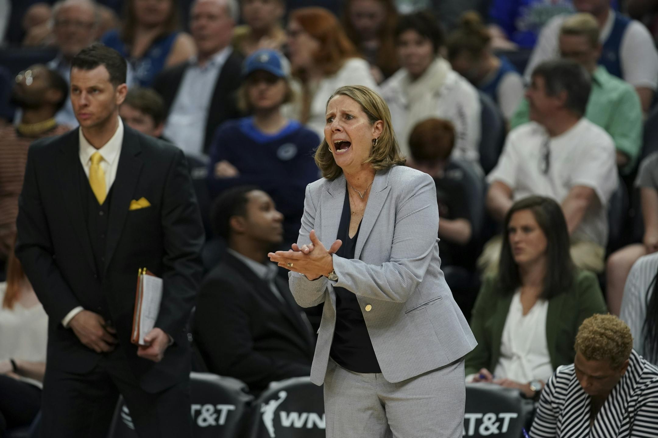 Lynx head coach Cheryl Reeve encouraged her players in the fourth quarter. Assistant coach Walt Hopkins was at left.