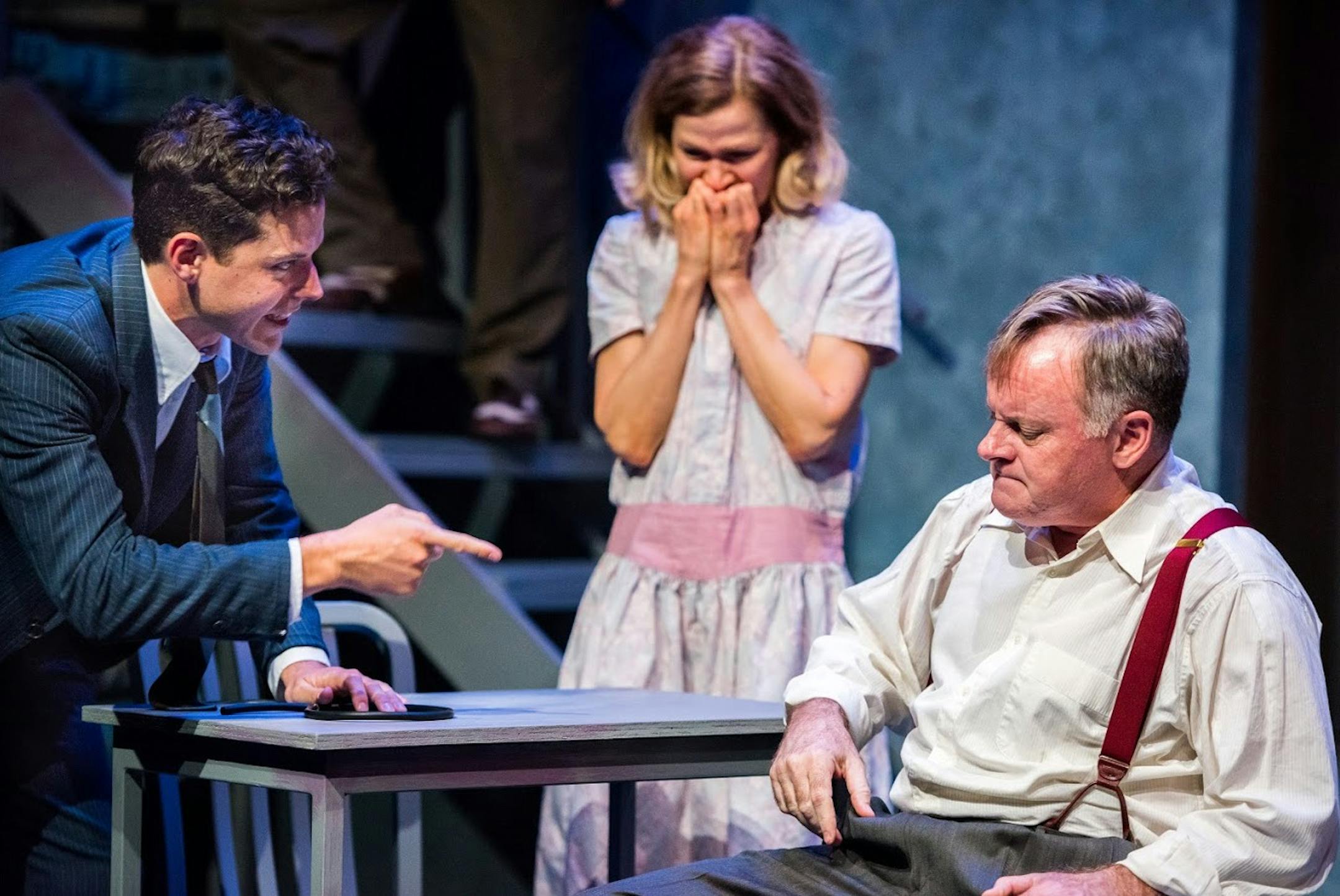 Patrick Coyle, right, with Jason Peterson and Laura Esping, is Willy Loman in Yellow Tree's production of "Death of a Salesman."
Photo credit: Justin Cox