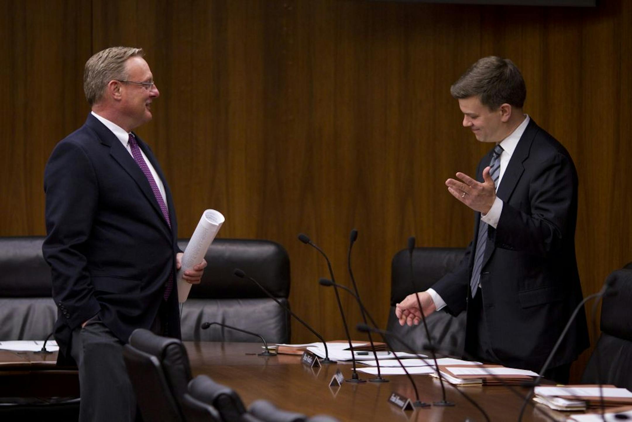 Ted Mondale, chairman of the Metropolitan Sports Facilities Commission, left, spoke before the stadium hearing with Rep. Ryan Winkler, one of five DFL members of the Government Operations and Elections Committee who voted against the bill. It was defeated 9-6.