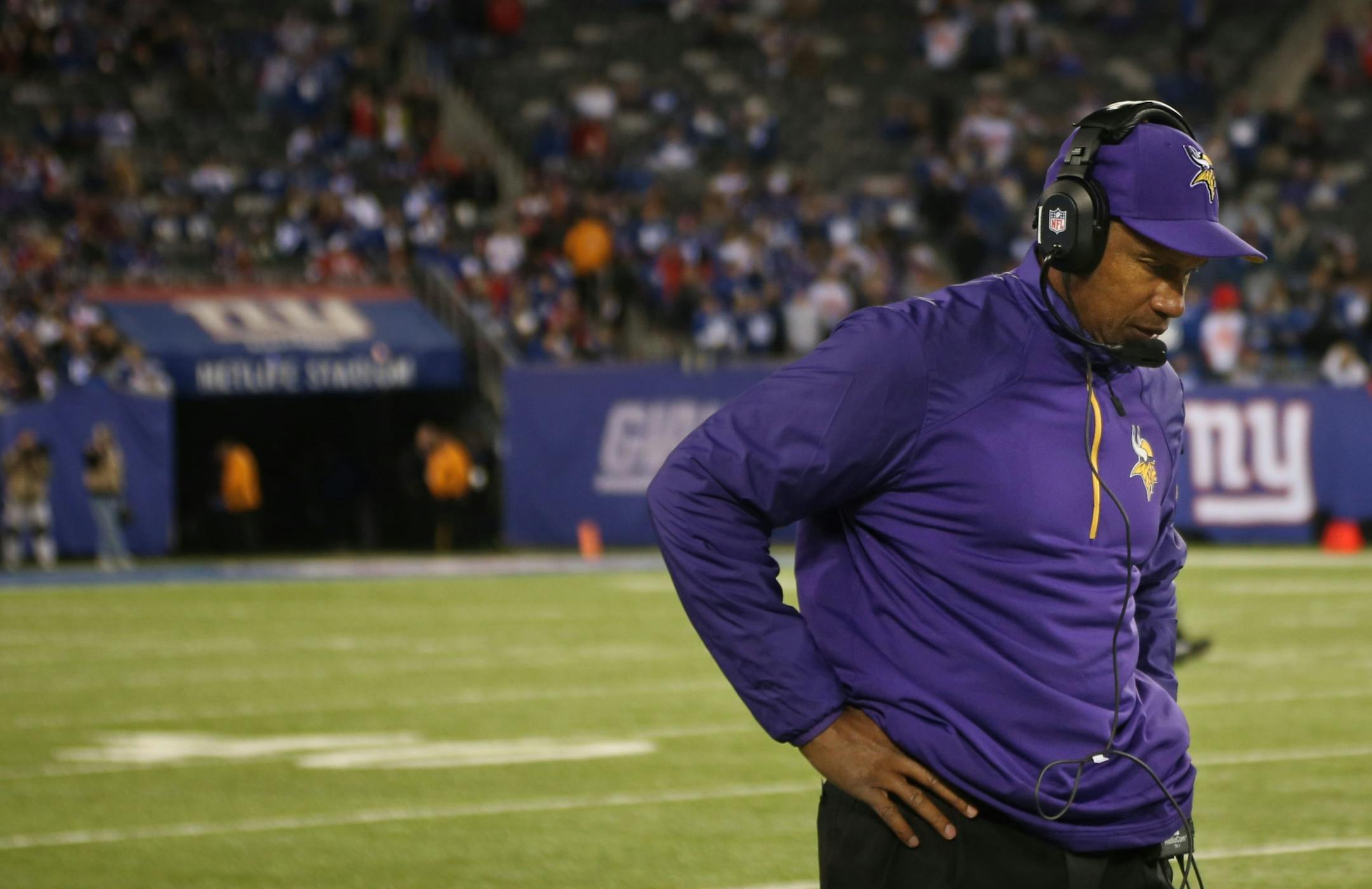 Head coach Leslie Frazier walked along the sideline on the Vikings final drive of the game. The Vikings lost 23-7 and fell to 1-5 on the season.