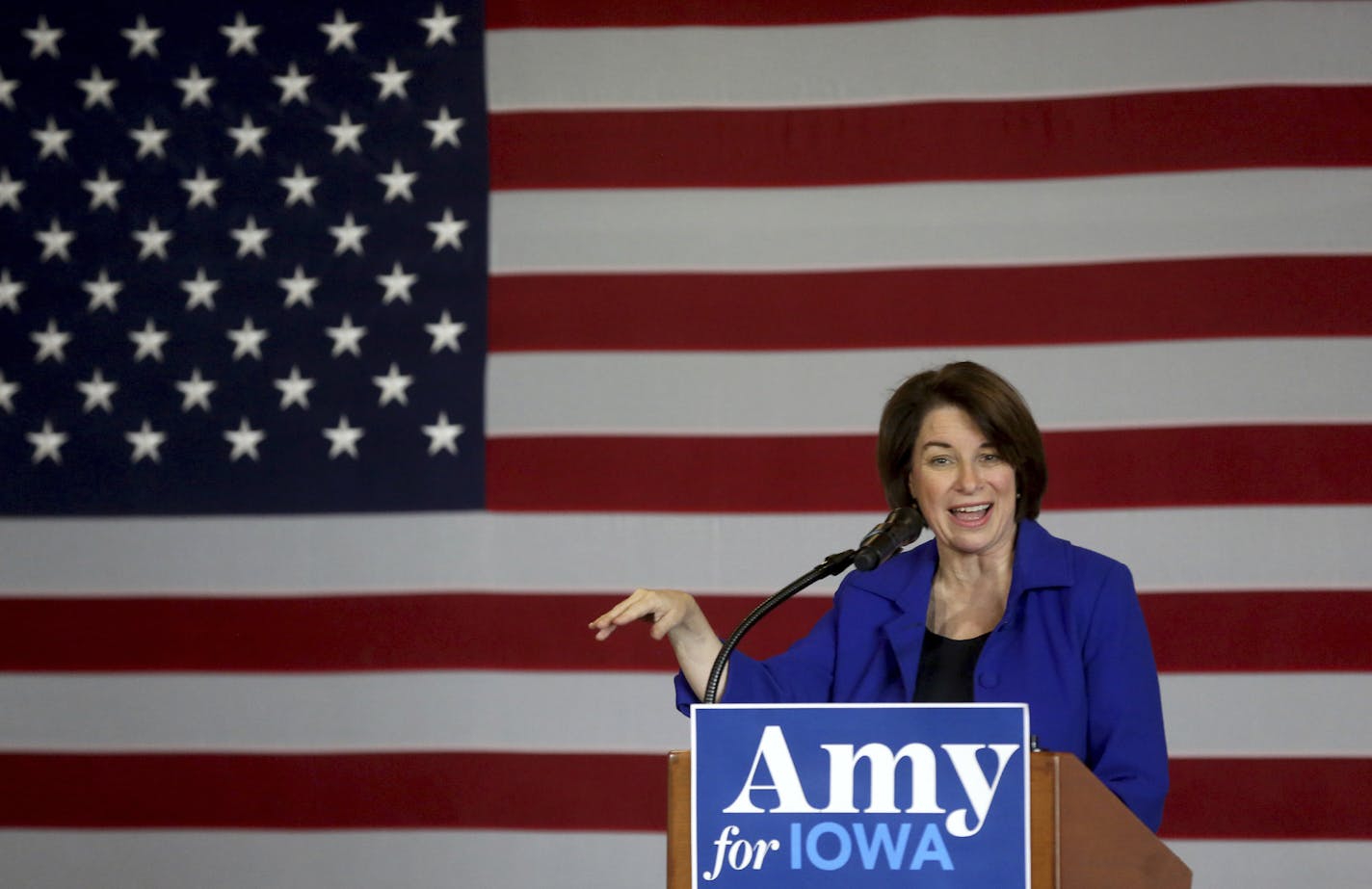 Democratic presidential candidate U.S. Sen. Amy Klobuchar, D-MN., speaks during an event at Grand River Center in Dubuque, Iowa, on Saturday, Dec. 7, 2019. (Jessica Reilly/Telegraph Herald via AP)