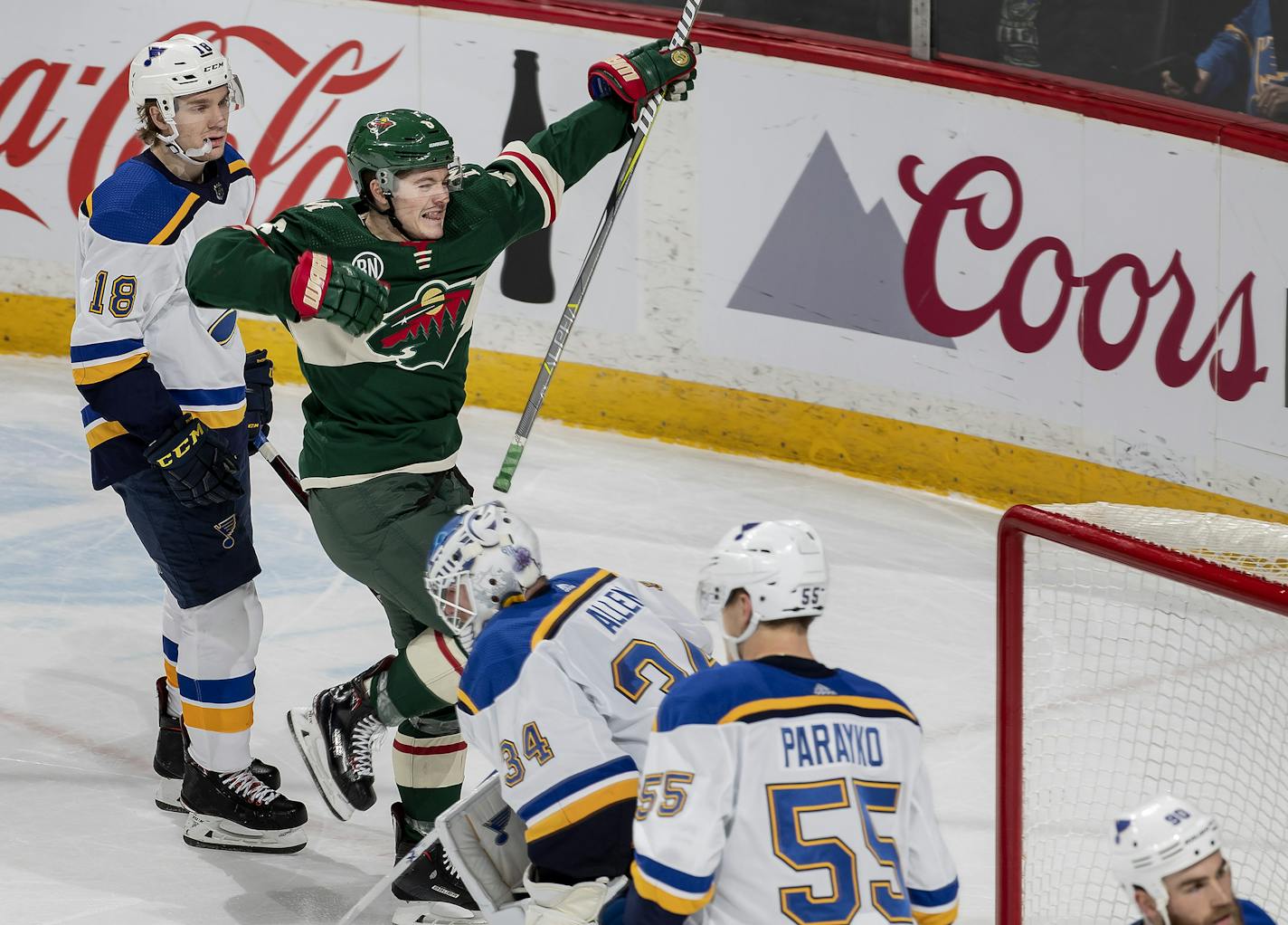 Ryan Donato celebrated after scoring the game winning goal in overtime. ] CARLOS GONZALEZ &#x2022; cgonzalez@startribune.com &#x2013; St. Paul, MN &#x2013; February 24, 2019, Xcel Energy Center, the Wild played the St. Louis Blues