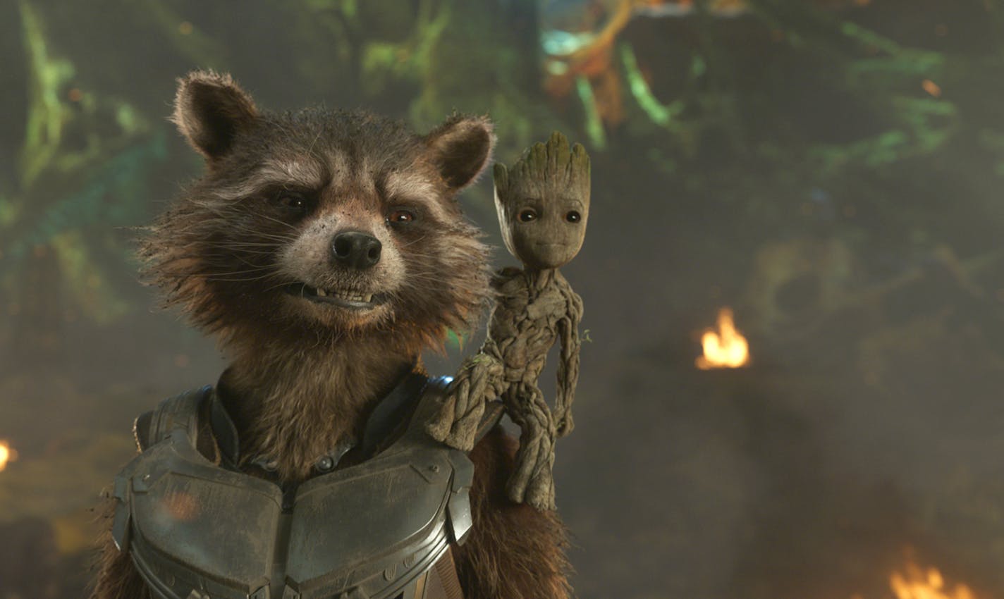 This image released by Disney shows the Rocket, voiced by Bradley Cooper, left, and Groot, voiced by Vin Diesel in a scene from Marvel's "Guardians Of The Galaxy Vol. 2." (Marvel Studios/Disney via AP)