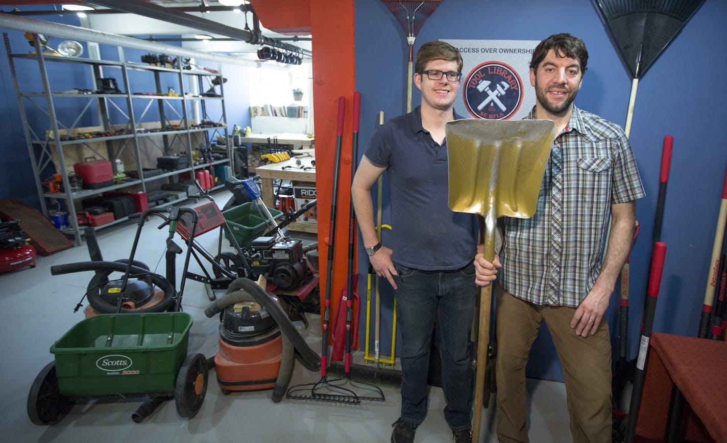 A local nonprofit is starting a tool lending library in northeast Minneapolis to reduce waste and give residents workshop training. Zachary Wefel and Thomas Ebert, stand with some of the tools in their shop. ] Brian.Peterson@startribune.com Minneapolis, MN - 4/29/2015