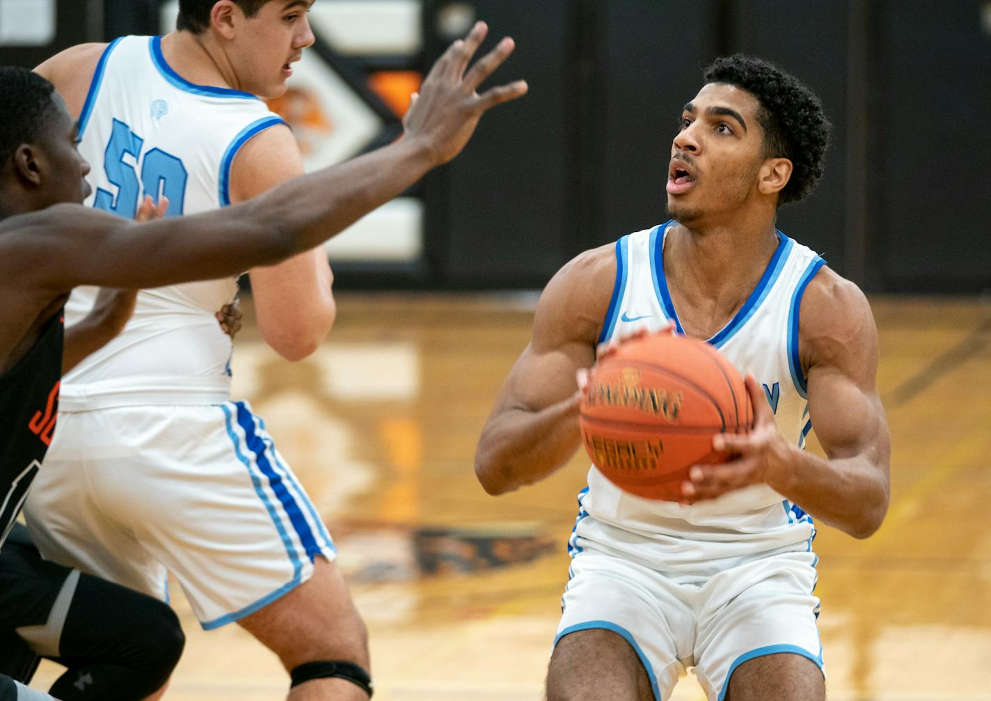 Bloomington Jefferson's Daniel Freitag (5) tries to make a pass in the second half of a varsity boys basketball game against Minneapolis South Friday, Jan. 06, 2023 at Minneapolis South High School in Minneapolis, Minn.