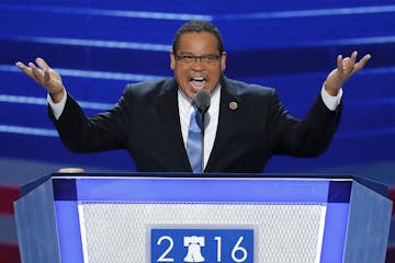 FILE - In this July 25, 2016, file photo, Rep. Keith Ellison, D-Minn., speaks during the first day of the Democratic National Convention in Philadelph