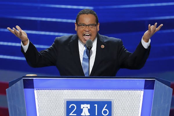 FILE - In this July 25, 2016, file photo, Rep. Keith Ellison, D-Minn., speaks during the first day of the Democratic National Convention in Philadelph