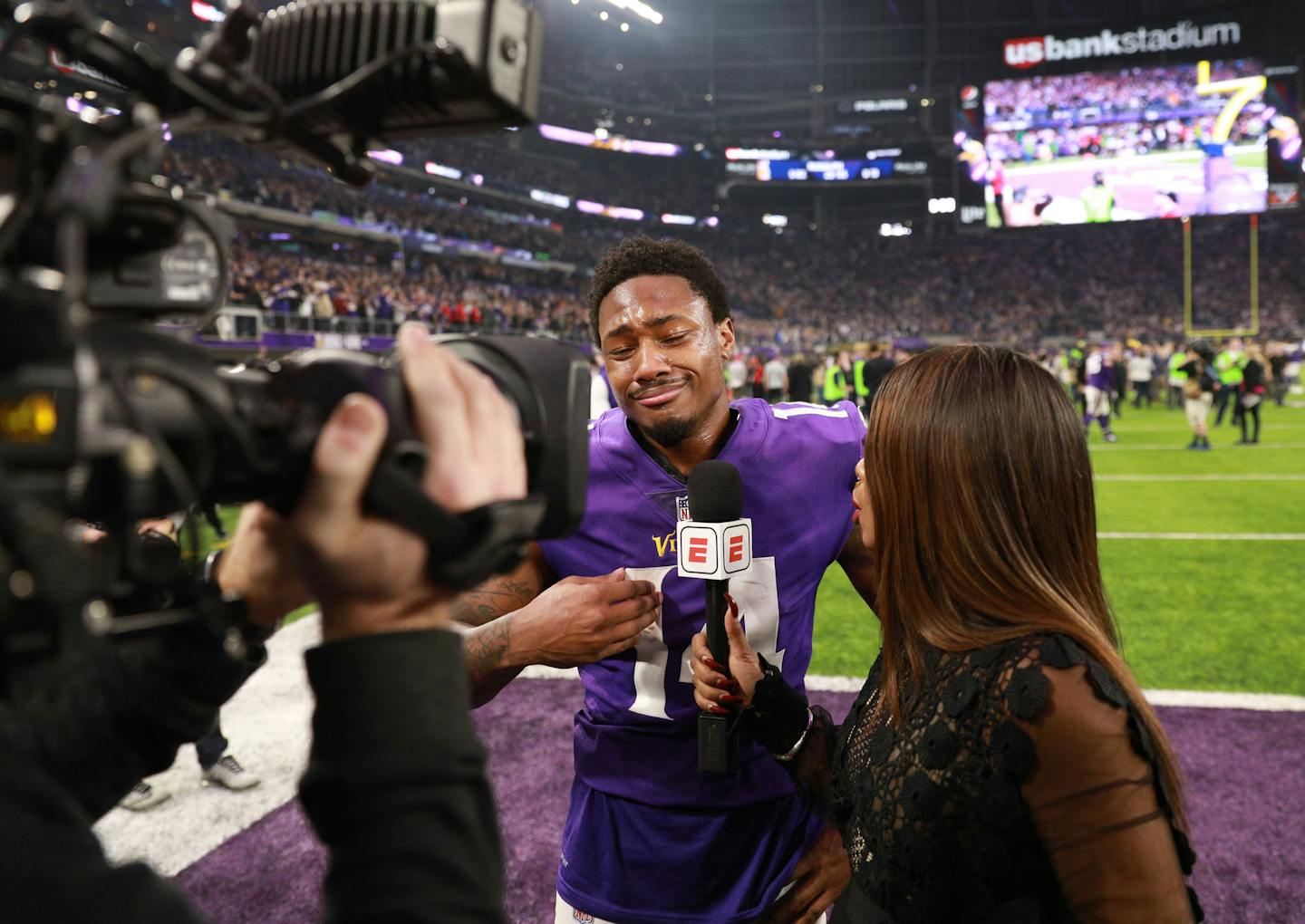 An emotional Stefon Diggs spoke with a reporter moments after the Vikings receiver made the game-clinching touchdown catch on Sunday. ] BRIAN PETERSON &#xd4; brian.peterson@startribune.com The Minnesota Vikings faced the New Orleans Saints in an NFL divisional playoff game Sunday afternoon, January 14, 2018 at U.S. Bank Stadium in Minneapolis.