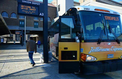 Jan. 14, 2013: Jefferson Lines passengers, drivers and staff were greeted with refreshments, welcoming the regional transportation company to the landmark Union Depot. Today was the first day for passenger service for the Jefferson Lines.
