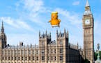 A rendering of the proposed blimp, flying over Parliament. (Trump Baby via Crowd Funder) ORG XMIT: 1235072 ORG XMIT: MIN1807051225581632