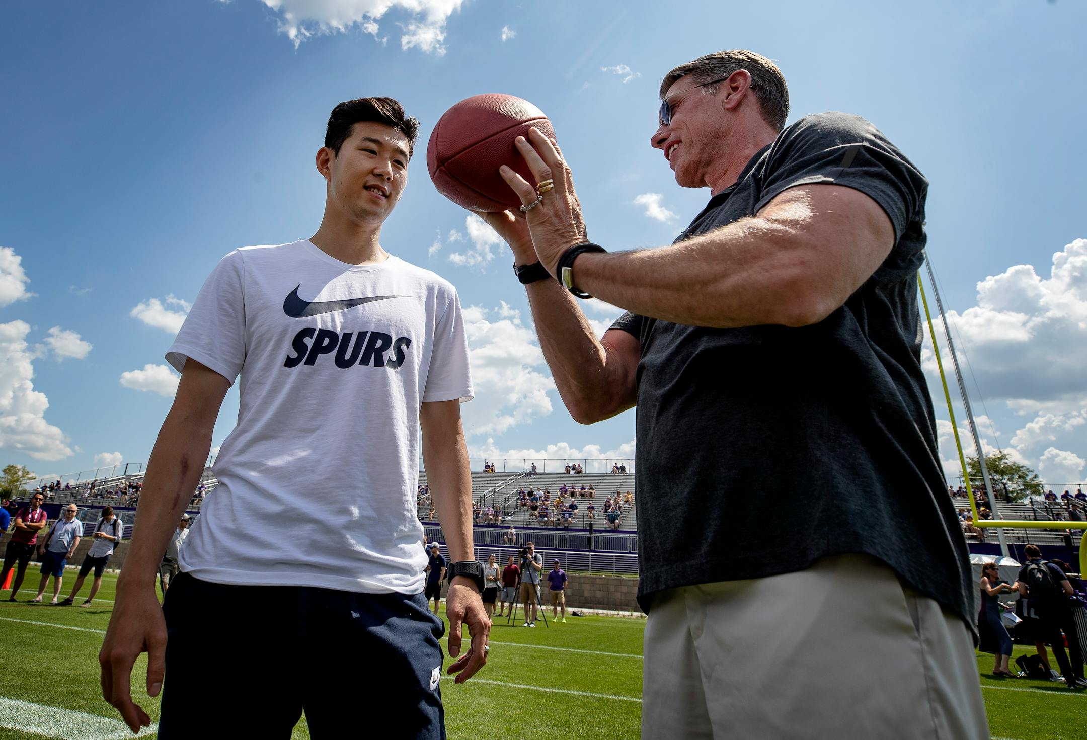 Tottenham Hotspur Heung-min Son got a lesson from Vikings General Manager Rick Spielman at training camp.