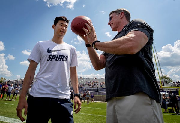 Tottenham Hotspur Heung-min Son got a lesson from Vikings General Manager Rick Spielman at training camp.