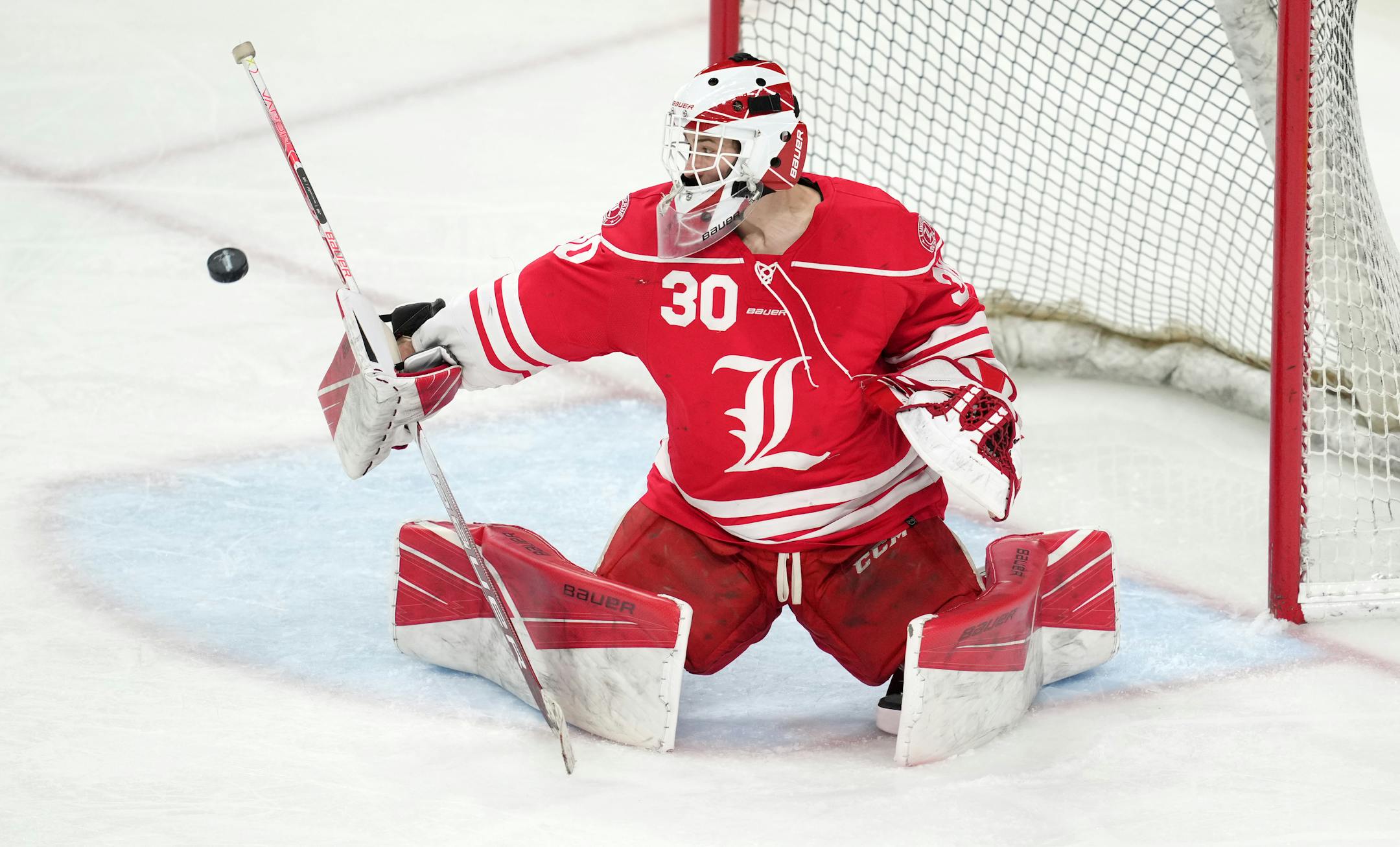 Luverne goaltender Tyler Arends (30) makes a save in the second period of a MSHSL Class 1A quarterfinal hockey game between Luverne and Hermantown.